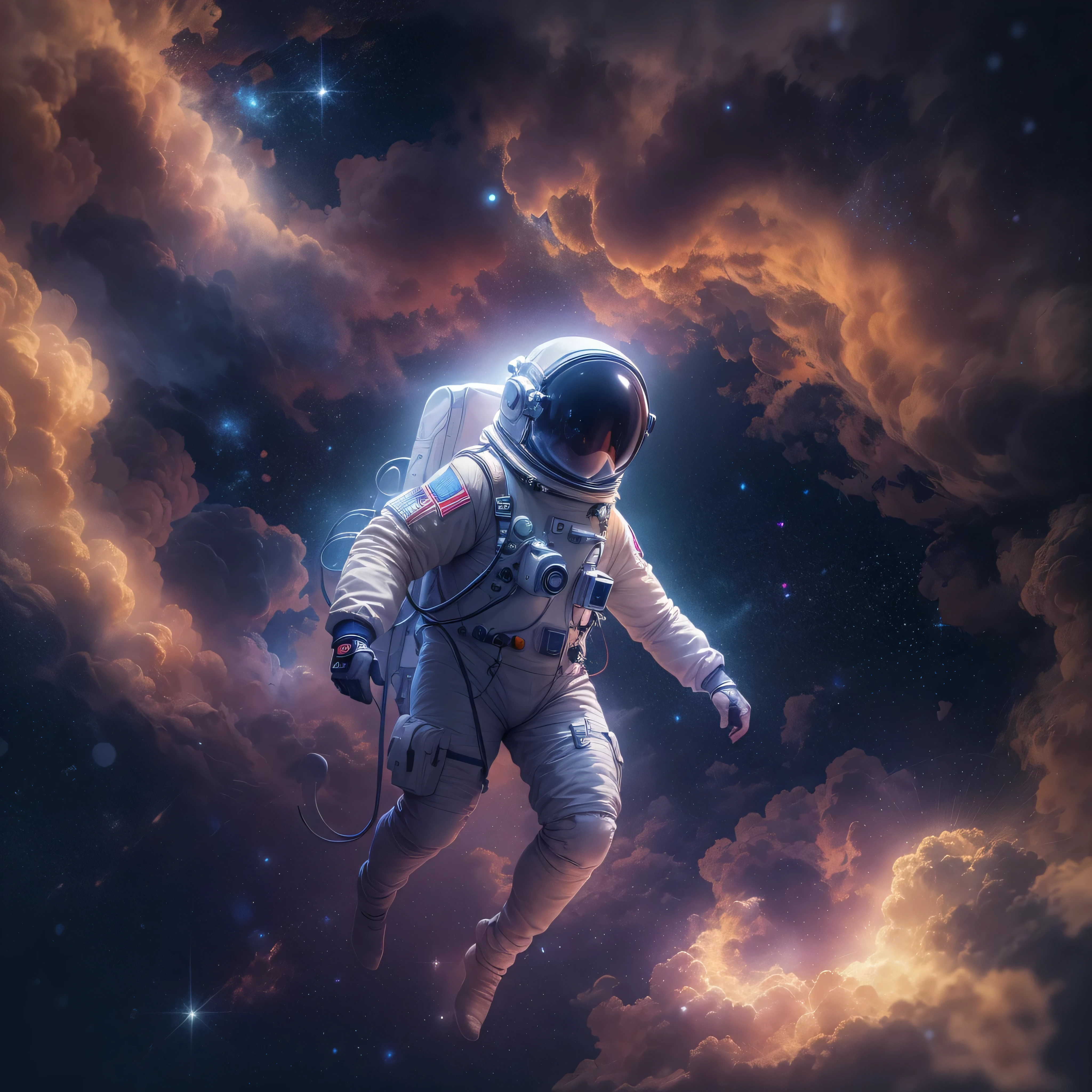An astronaut swimming through a nebula in space + space, astronaut, dreamlike, symbolism, surrealism, symbol, surreal, abstract, texture, concept art, 8k, shadowed, lightrays, atmospheric