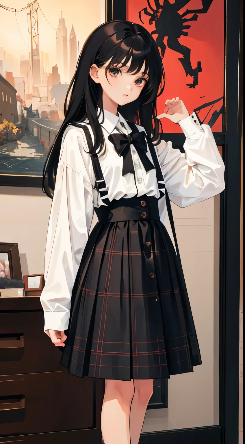 Anime girl in a school uniform standing in front of a painting - SeaArt AI