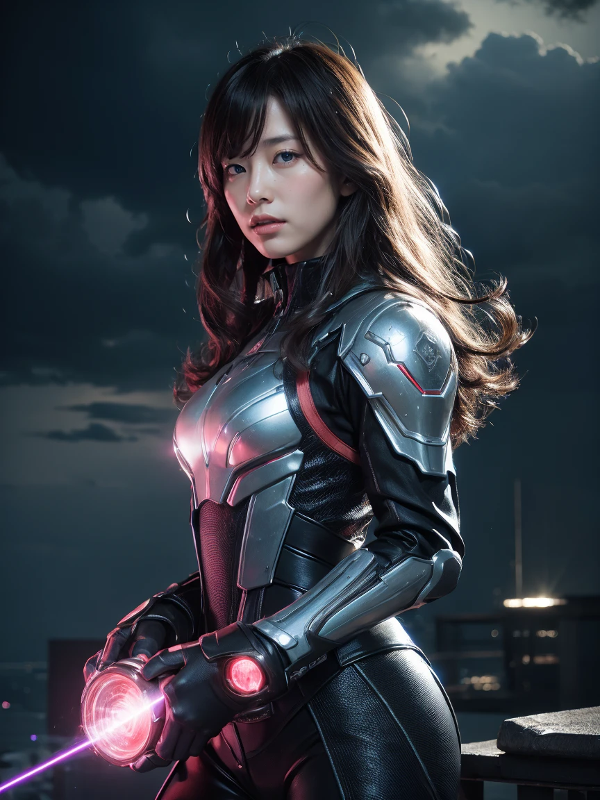 8K, highest quality, masterpiece, realistic, ultra detail,  photograph, HDR, High resolution, cinematic light, official art, High resolution, Depth of written boundary,(emit laser light), girl１name、20-year-old, medium long hair,全身photographを撮ります、action pose,universe,cloudy sky、universe船、starlight、thunder、universe戦艦