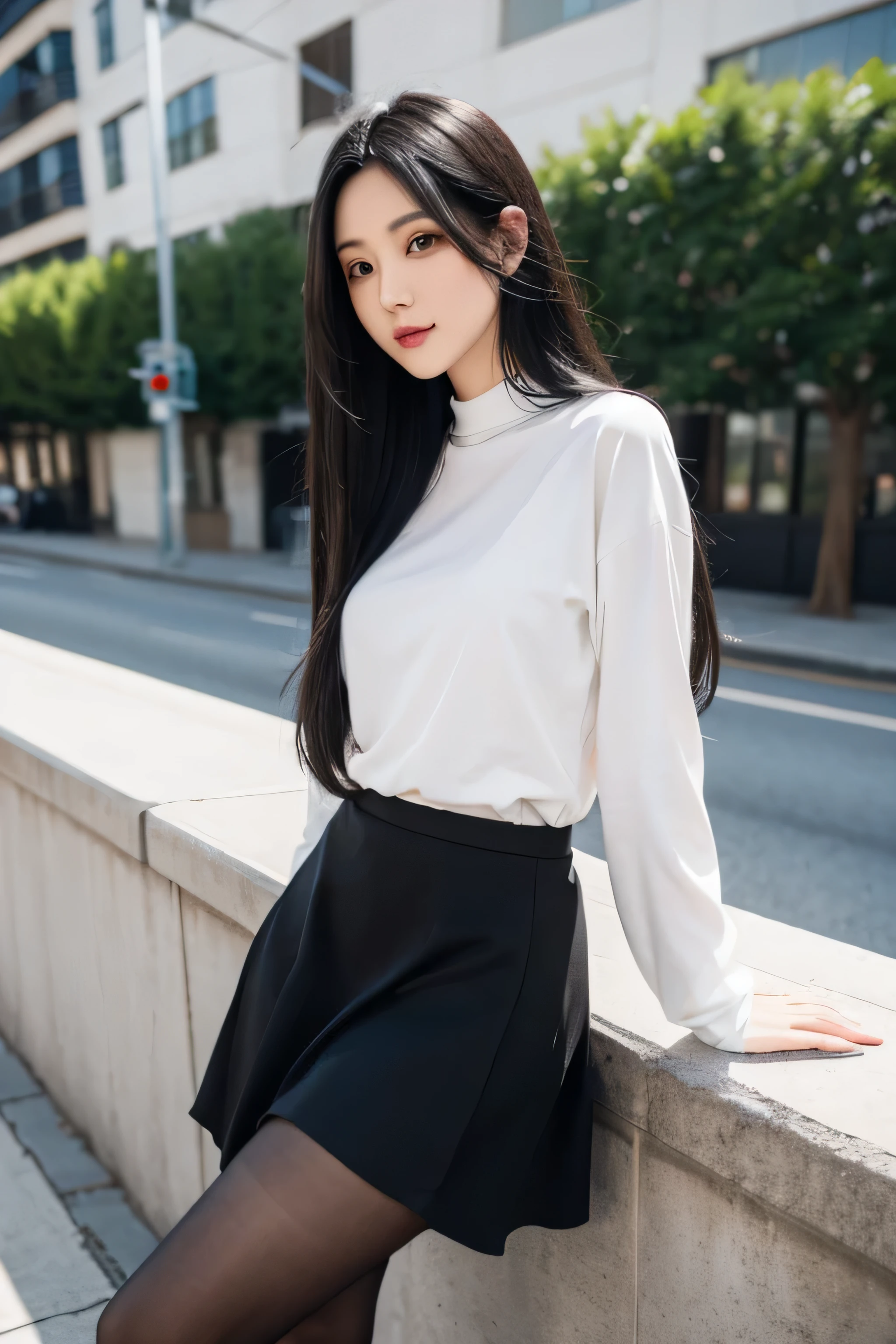 Girl with long black hair, skirt, white pantyhose, Realistic