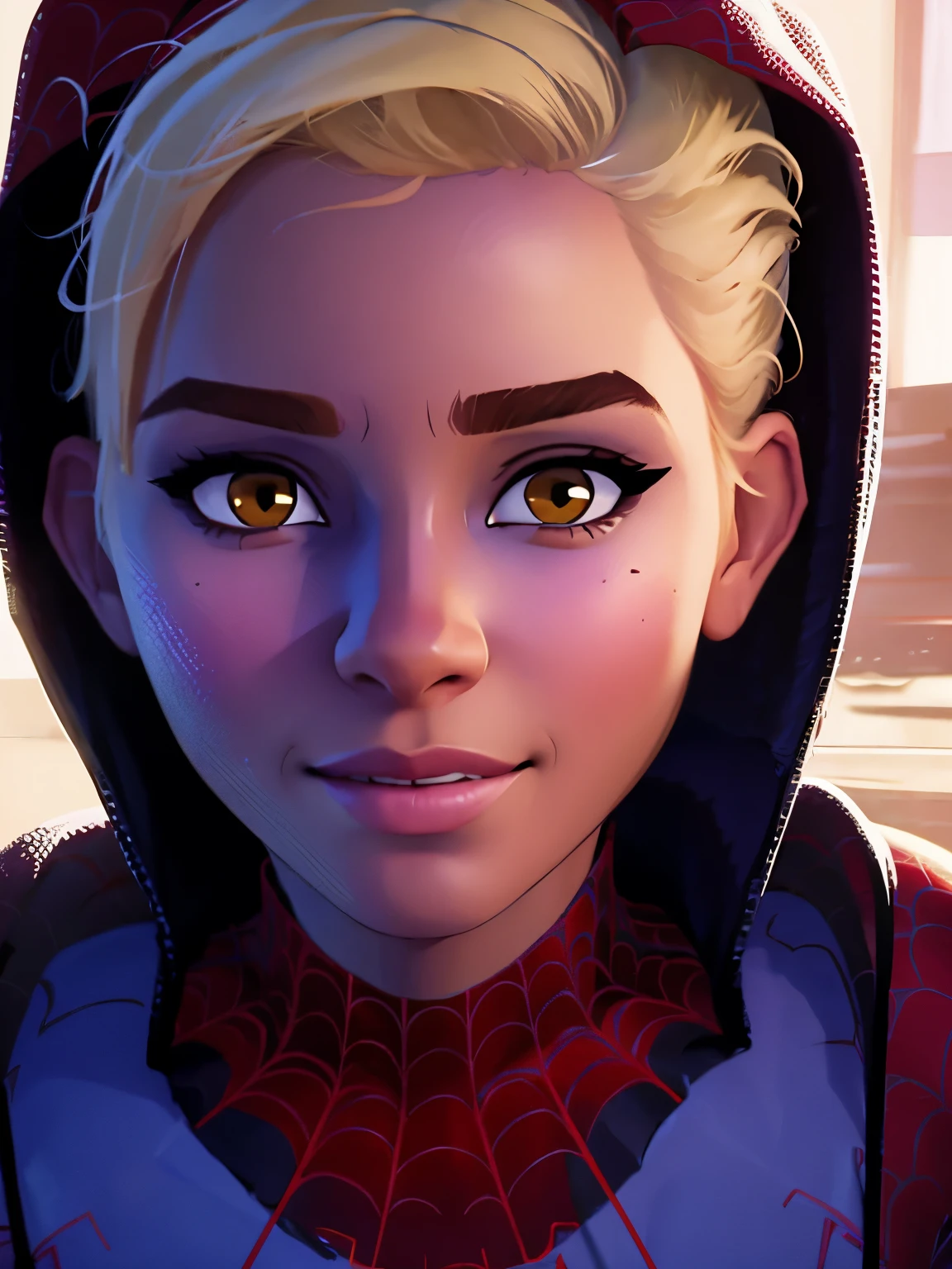 (masterpiece), ((best quality)), close-up face, light_smile, cinematic lighting, ultra-realistic, ((realistic)), (gwen_stacy), blonde_hair, short_hair, solo, sidecut, asymmetrical_hair, parted_lips, eyebrow_piercing, (detailed face), beautiful 1girl, 1girl, looking at viewer, (beautiful detailed eyes), bodysuit, spider-suit, white hoodie, hood_down, portrait, upper_body, (side of head shaved), (small breasts)