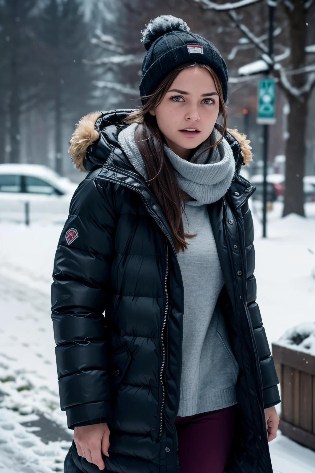 An icy wind swept through the air, nipping at Sandra's exposed skin as she trudged determinedly toward the supermarket, her breath visible in the frigid air. The distance between her and her destination still seemed insurmountable. "Fuck, fuck, fuck," she thought to herself, her teeth clenched against the biting cold. Her red cheeks were flushed from the wind and her hastened pace. She pulled her coat tighter around her body, her hands jamming the pockets for warmth. Her eyes were fixed forward, unwilling to letting the chill overpower her. Despite the discomfort, she gritted her teeth and pushed onwards, her determination unwavering as