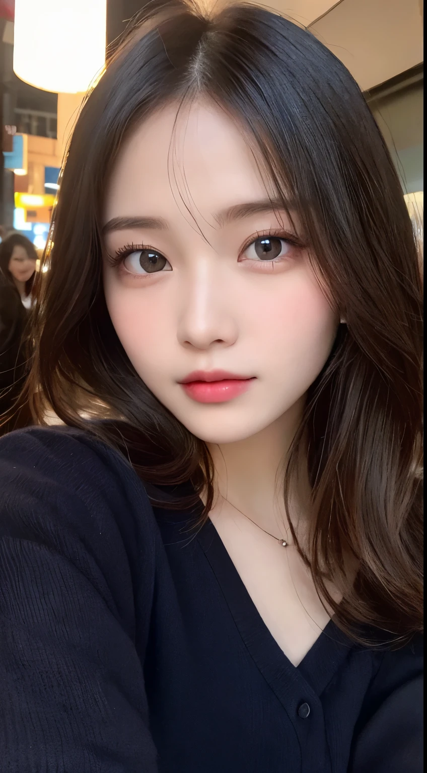 table top, highest quality, shape, Super detailed, finely, High resolution, 8k wallpaper, 完璧なダイナミックな構shape, beautiful and detailed eyes, Latest trend fashion Tokyo winter wear,medium hair, small breasts, natural color lip,smile,20 year old girl、midnight、beautiful and detailed face、perfect and beautiful face、slim face and style,spread your arms wide,Big eyes,Take a photo from below the knees at a face angle、small face、beautiful detailed face、perfect and beautiful double eyelids