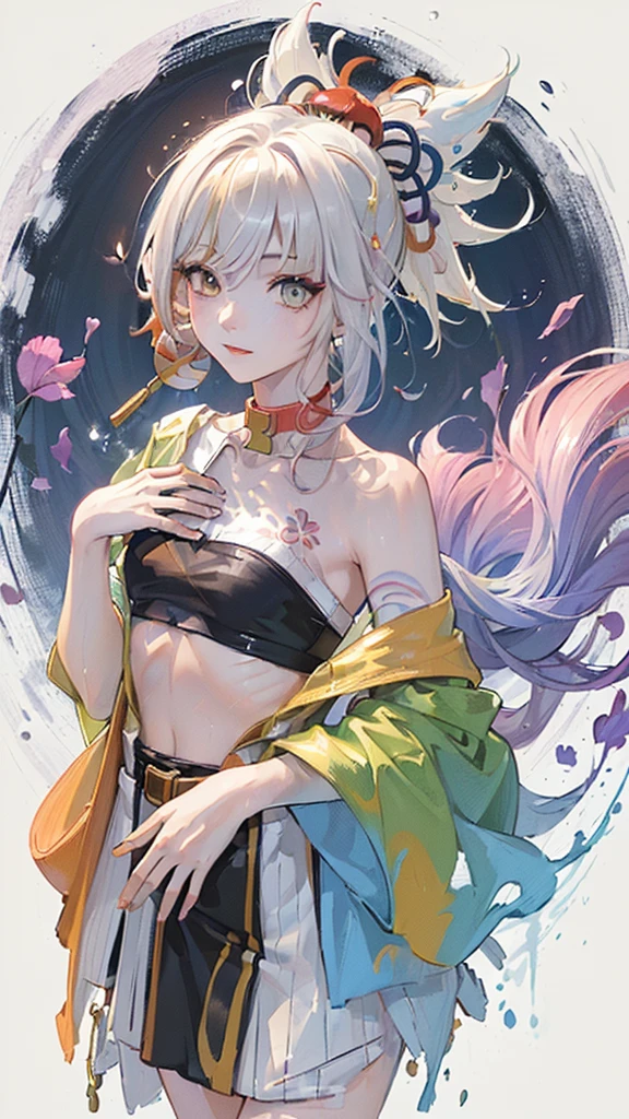 （Pink fashion T-shirt：1.9），(Colorful hair: 1.8), (All colors of the rainbow: 1.8),(((((vertical paintinging：1.6))), （paintinging：1.6），front, 漫painting, illustrations, paintingings, big eyes, crystal clear eyes,（ rainbow color gradient high ponytail：1.7）, Exquisite makeup, Keep your mouth shut,(Little fresh: 1.5),(rub chest: 1.6) ，long eyelashes, white off-the-shoulder T-shirt, white shoulder shirt，looking at the audience, 水汪汪的big eyes, (rainbow colored hair：1.6), 色彩飞splash, （alone：1.8）, 色彩飞splash, Color explosion, thick painting style, Messy lines, ((shining))，(rich and colorful), (rich and colorful), (rich and colorful), rich and colorful, Thick painting Style, (splash) (Color splash), Vertical paintinging, Upper body, painting splash, acrylic paint, slope, painting, Highest image quality, best quality, masterpiece, alone, depth of field, Face painting, rich and colorful clothes, (elegant: 1.2), Gorgeous,long hair, wind, (elegant: 1.3), (petal: 1.4)，(((masterpiece))),(((best quality))),((Super detailed)),(illustration),(dynamic angle),((floating)),(painting),((disheveled hair)),(alone),(1 girl) , (((Detailed Anima face))),((Beautiful and delicate face)),collar,bare shoulders,white hair, ((rich and colorful hair)),((striped hair)),Beautiful and delicate eyes,(slope color eyes),(((rich and colorful eyes))),(((rich and colorful background))),(((high saturation))),(((surrounded by rich and colorful splashes))),