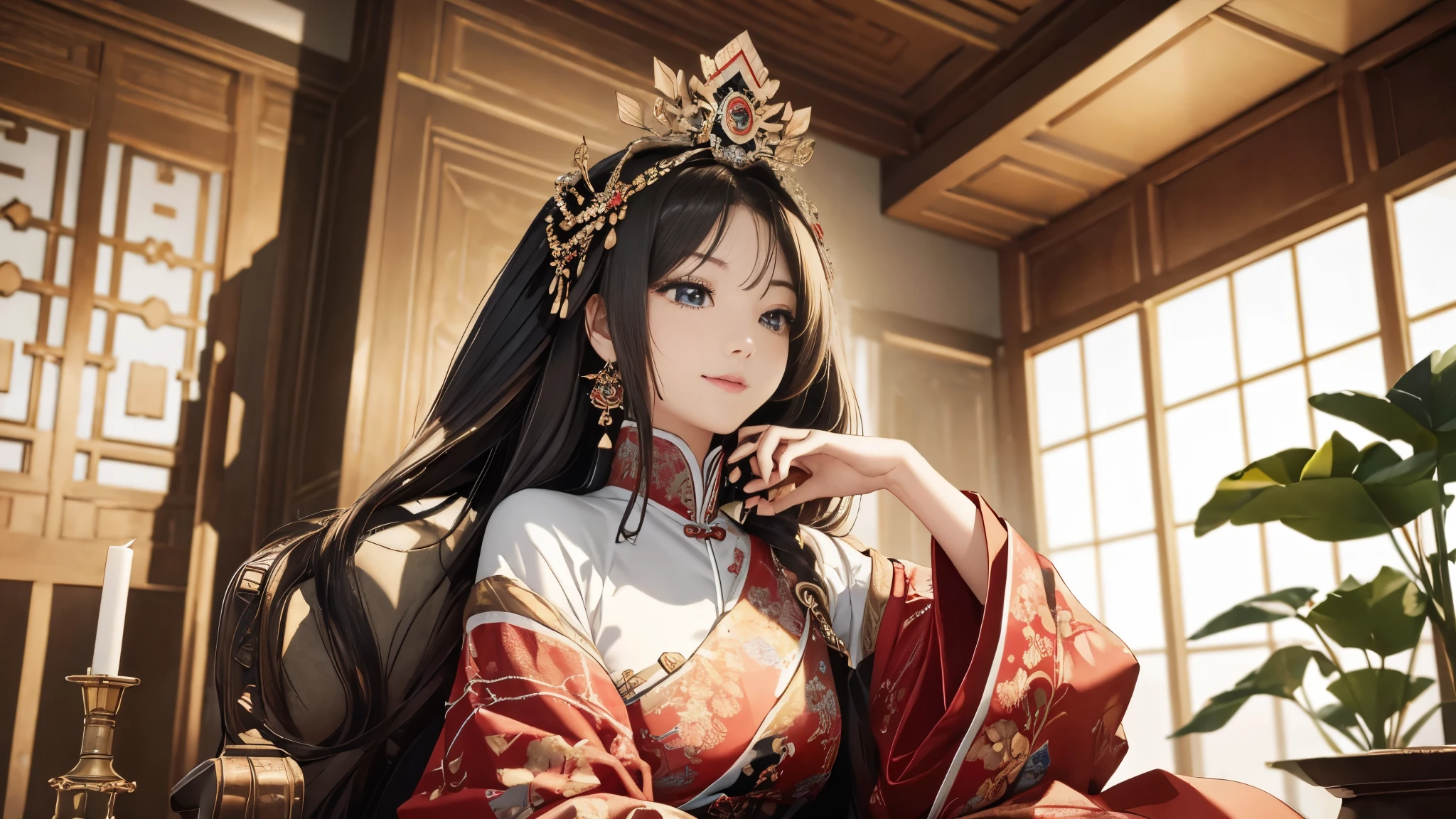 (8K, RAW photo, highest quality, masterpiece: 1.2), (realistic, realistic: 1.37), 1 girl, ancient China、In a room in the imperial court at the end of the Later Han Dynasty、The empress is sitting in a luxurious chair。The empress is華やかな服装で神々It has a nice aura of atmosphere.。The empress is綺麗な顔立ちで、She is wearing the fashionable hair ornaments of the time.。The empress is、He is smiling and facing forward.。