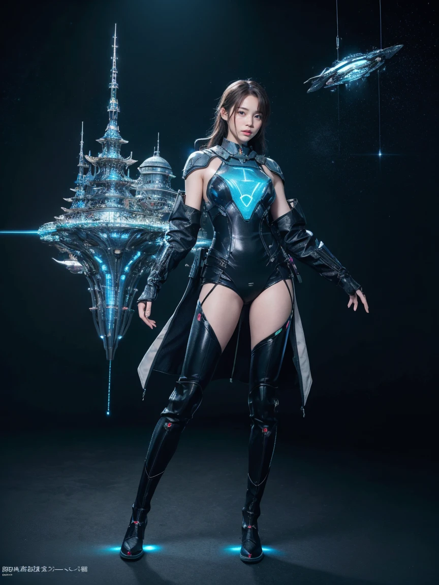 8K, highest quality, masterpiece, realistic, ultra detail,  photograph, HDR, High resolution, movie blue light, official art, High resolution, Depth of written boundary,(emits laser light), girl１name、20-year-old, medium long hair,Take a full body photo、action pose,Blue Universe,cloudy sky、spaceship、Starlight、thunder、Space Battleship