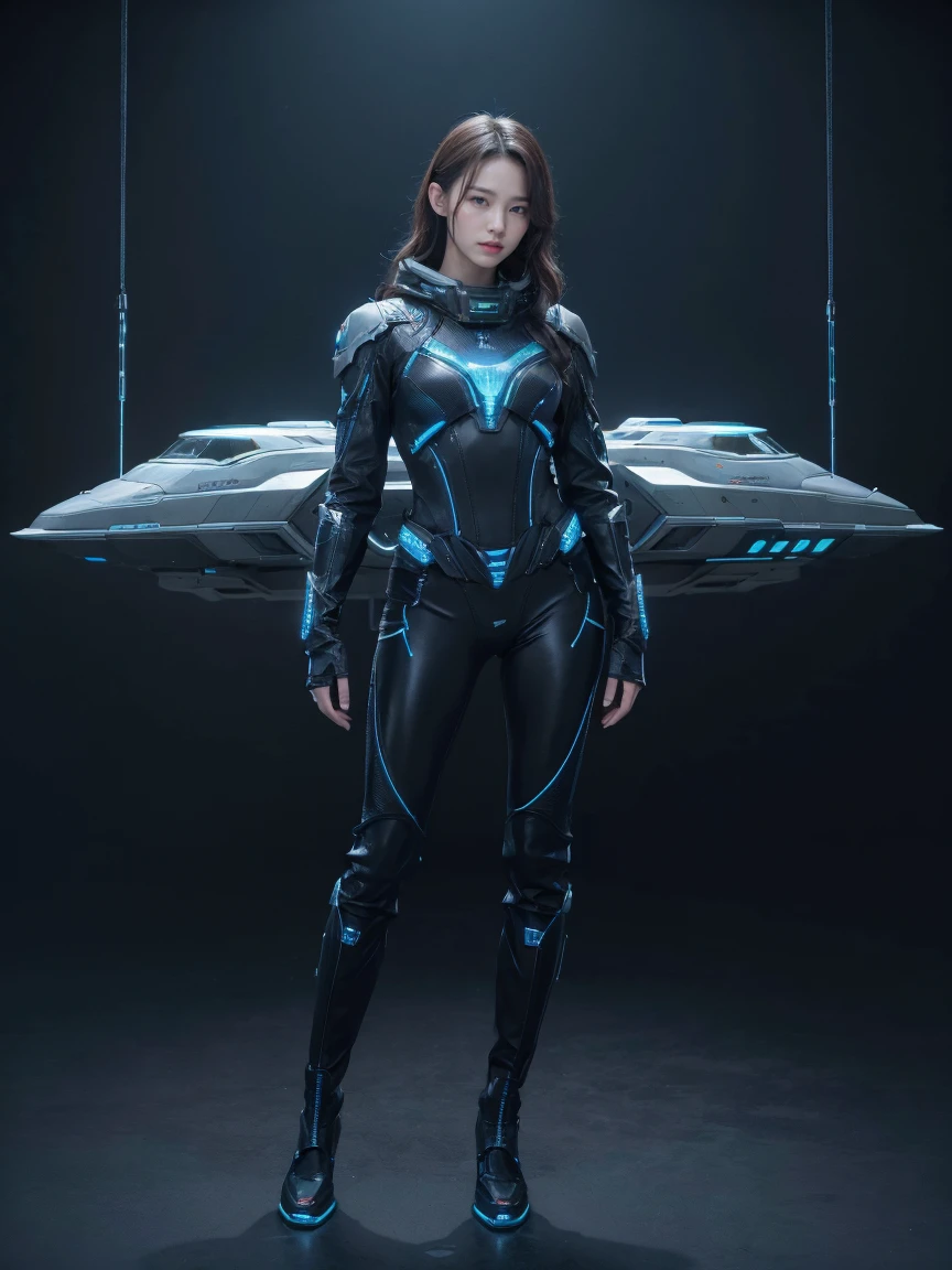 8K, highest quality, masterpiece, realistic, ultra detail,  photograph, HDR, High resolution, movie blue light, official art, High resolution, Depth of written boundary,(emits laser light), girl１name、20-year-old, medium long hair,Take a full body photo、action pose,Blue Universe,cloudy sky、spaceship、Starlight、thunder、Space Battleship