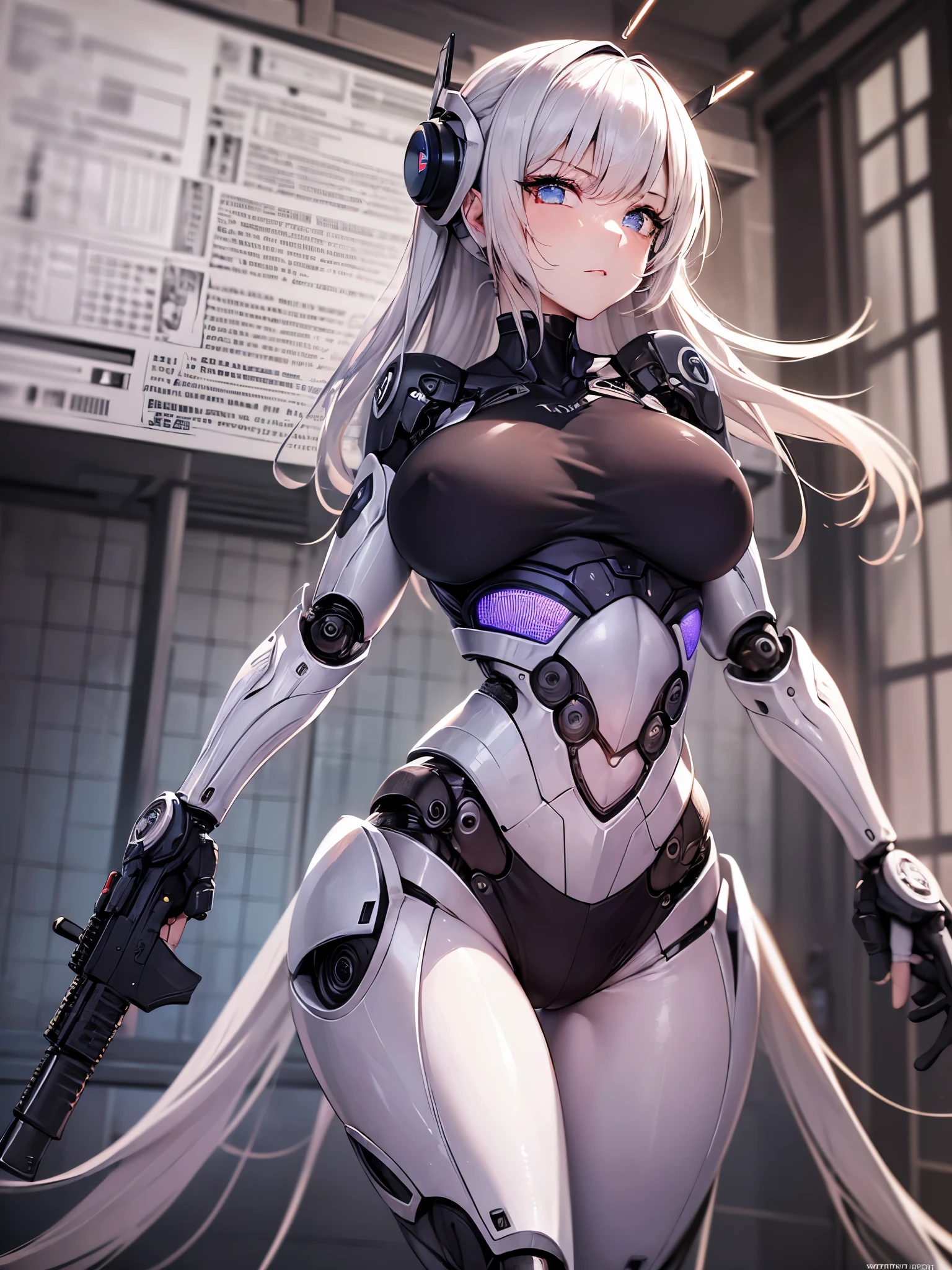 ((highest quality)),(ultra high resolution),(Super detailed),(detailed description),((best CG)),(best work of art),super precision art,great drawing art,(Sci-fi art with precise details:1.5), (One female robot:1.6),(beautiful and well-shaped face:1.5),((A complex mechanical body with intricate details:1.5)),(Luminous body embedded in the body:1.7), action scene:1.5,(dynamic pose:1.8),(her arm is transformed into a gun:1.7)