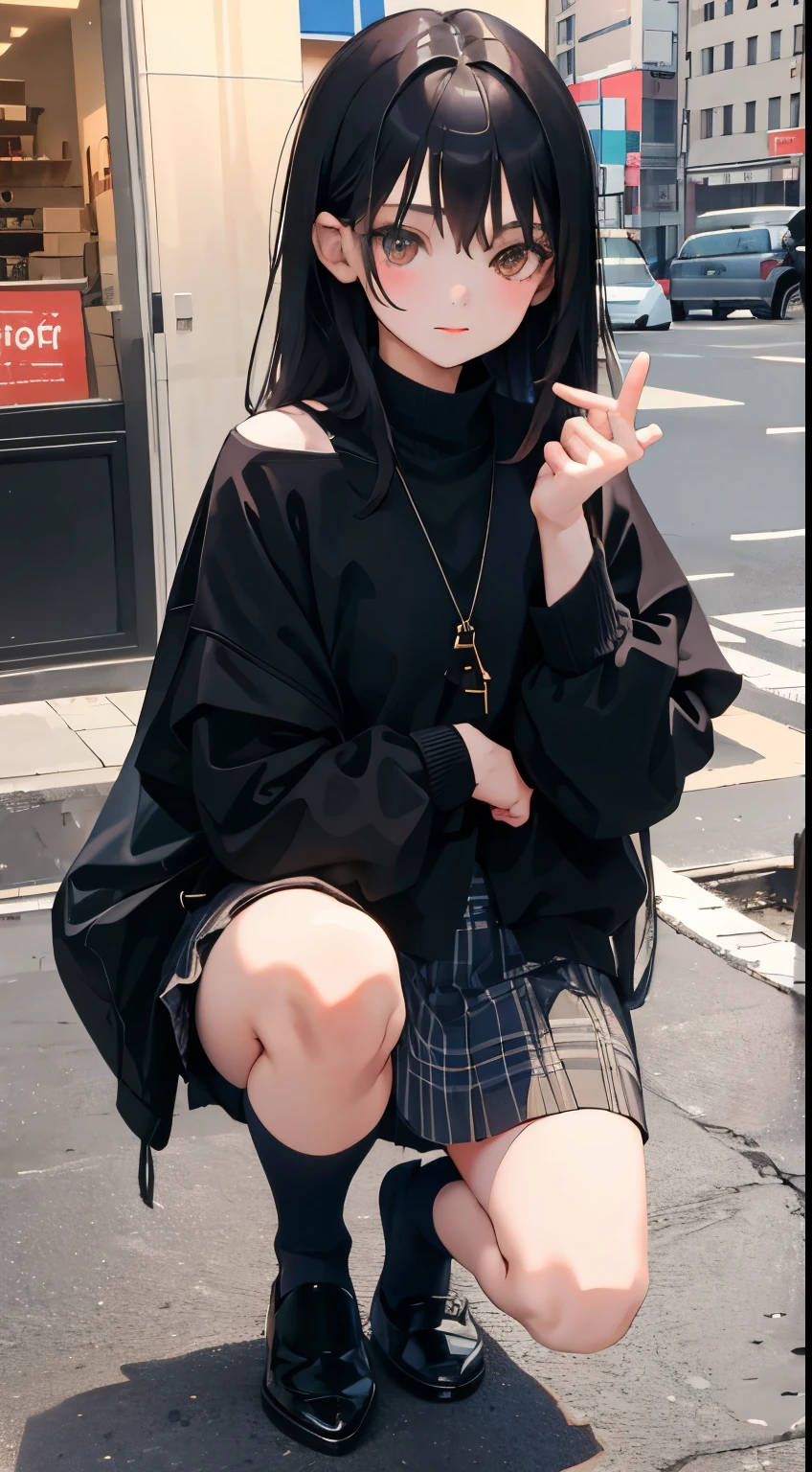 (short cute girl，small young student，young delicate girl）,（masterpiece，Top quality)，squat，long black hair，Plaid beige skirt