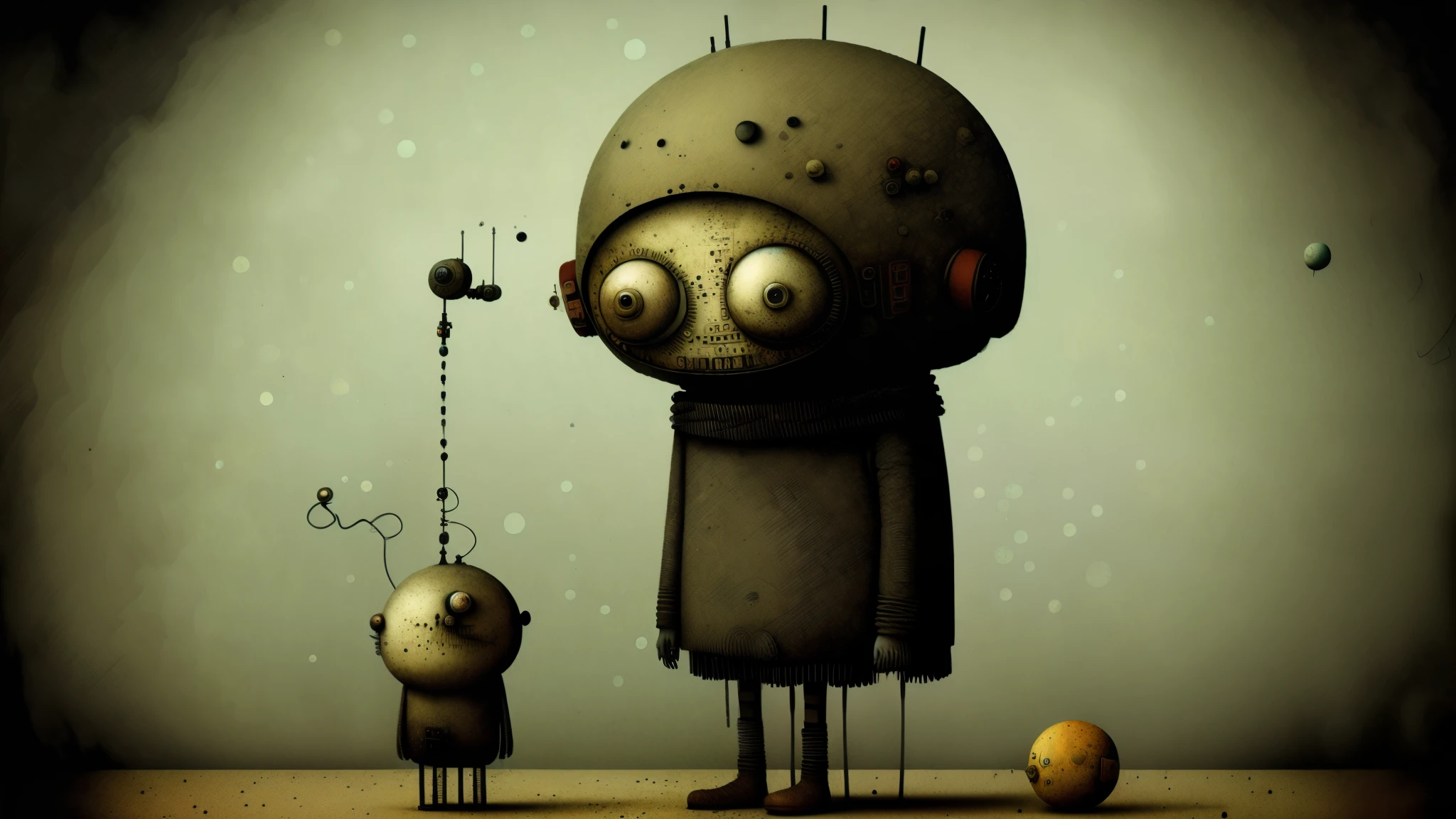 retro bipedal robot（１body）, earth color, punk, Happy, Optimistic, don hertzfeldt, Hieronymus Bosch, Gabriel Pacheco、old warehouse background、Electric bulb from above the lighting robot、dark storeroom