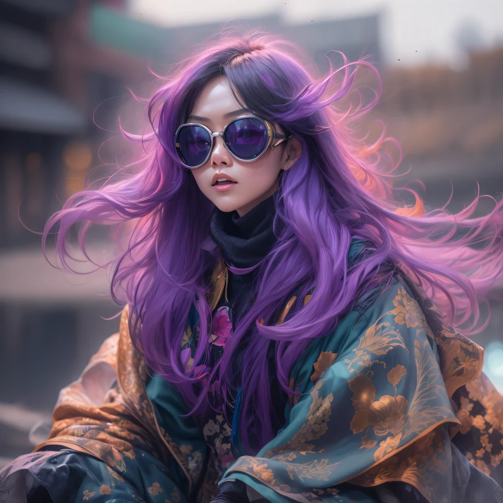 2099 cyberpunk year(masterpiece,HD,超HD,32k lotus root starch)Bright purple flowing hair,autumn pond, lotus root starch color, Asian (Michiko), (silk scarf), fighting stance, looking at the ground, Orange gradient long hair, ((Thick frame reflective jade windproof goggles))Floating bright purple, Fire cloud gold headdress, Chinese long-sleeved gold silk garment, (Abstract ink splash:1.2),mars background,lotus(realistically:1.4),bright purple hair,Smoke on the road,The background is very ivory、pure, high resolution, Detailed wind protection goggles, RAW photos lotus root starch, Sharp Re, Nikon D850 film photo by Jefferies Lee 4 Kodak Portra 400 camera F1.6 guns, rich and colorful, Super real、Vivid textures, dramatic lighting, Unreal Engine Art Station Trend, Silicon Nest 800,