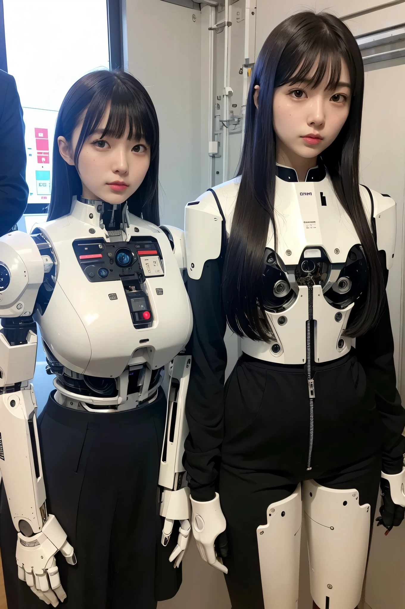masterpiece, best quality, extremely detailed, Japaese android girl,Plump , control panels,android,Droid,Mechanical Hand, Robot arms and legs, Black hair,Blunt bangs,perfect robot girl,long tube,thick cable connected her neck,android,robot,humanoid,cyborg,japanese cyborg girl ,robot-assembly plant,She is assembled now,assembly scene,chest monitor,blue eyes