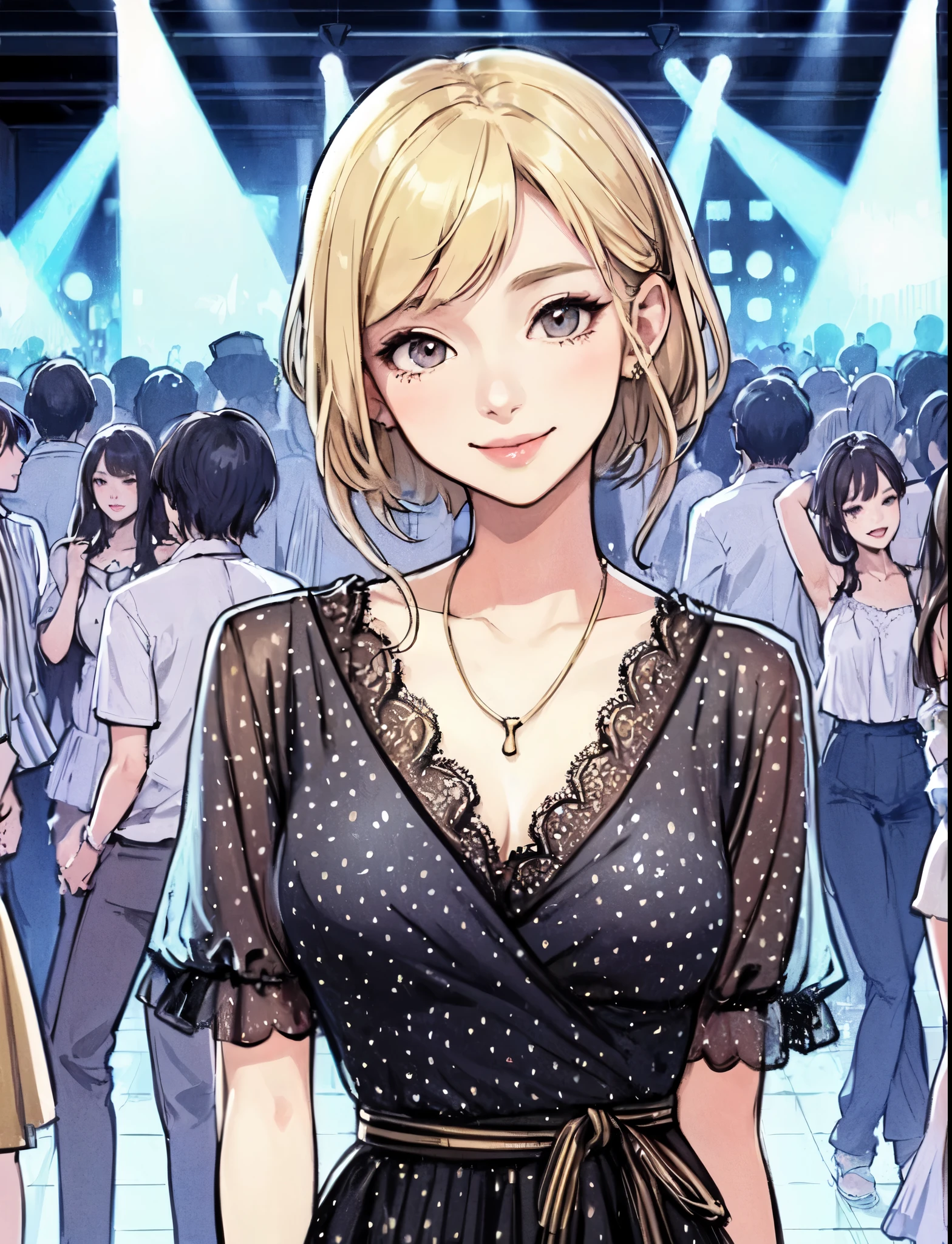 1lady standing, (stylish and chic outfit) comfortable, mature female, /(blond hair/) bangs, kind smile, (masterpiece best quality:1.2) delicate illustration ultra-detailed, large breasts BREAK (club dance hall:1.2) indoors, young people, crowded