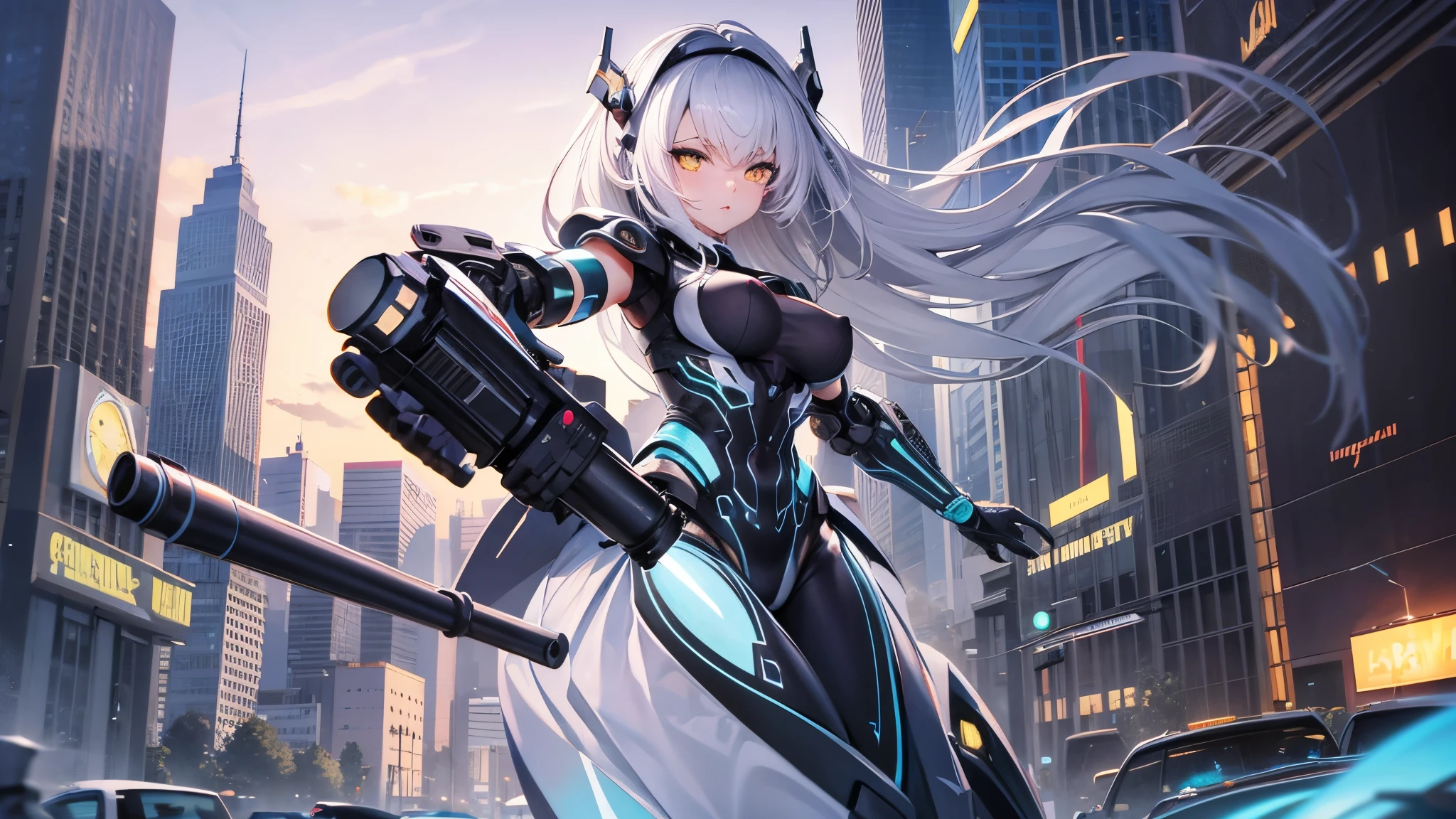 ((highest quality)),(ultra high resolution),(Super detailed),(detailed description),((best CG)),(best work of art),super precision art,great drawing art,(Sci-fi art with precise details:1.5), (One female robot:1.6),(beautiful and well-shaped face:1.5),((A complex mechanical body with intricate details:1.5)),(Luminous body embedded in the body:1.7), action scene:1.5,(dynamic pose:1.8),(her arm is transformed into a gun:1.7)