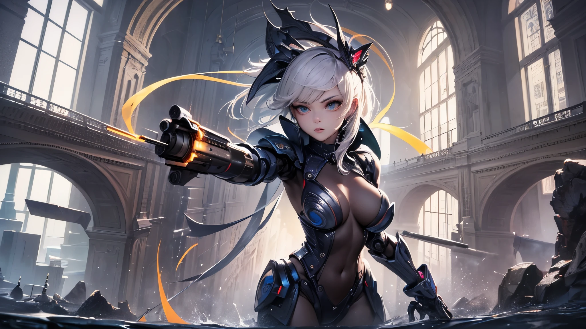 ((highest quality)),(ultra high resolution),(Super detailed),(detailed description),((best CG)),(best work of art),super precision art,great drawing art,(Sci-fi art with precise details:1.5), (One female robot:1.6),(beautiful and well-shaped face:1.5),((A complex mechanical body with intricate details:1.5)),(Luminous body embedded in the body:1.7), action scene:1.5,(dynamic pose:1.8),(her arm is transformed into a gun:1.7)