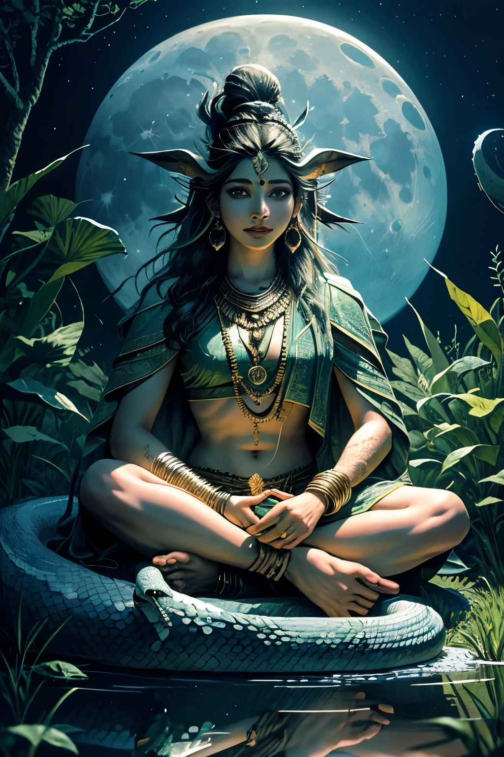 Masterpiece, best quality, Serene snake scene, Realistic, Moonlit night, Lord Shiva's ethereal shadow, Snake with its head raised, Gazing at the full moon, Lush vegetation in the foreground, Ultra-detailed texture of the snake's scales, Glimmering reflections on its eyes, Realistic shadow play of Lord Shiva, Photorealistic, Beautiful, High-definition image, Soft moonlight illuminating the scene, Realistic texture of the grass and leaves, Intricate patterns on Lord Shiva's shadow, Ultra-fine details of the moon's craters, Extremely detailed representation of the snake's body