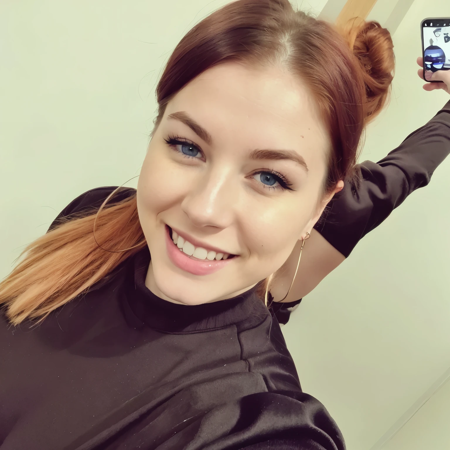 photorealistic, best quality, blue eyes,hyper detailed, beautiful woman, 25 years ole, red hair, ginger, busty, selfie photo, upper body, solo, wearing pullover, indoors, (night), (cheerful, happy), sweater, analog style, looking at viewer, skin texture, film grain, close up, ultra high res, best shadow, RAW, instagram LUT