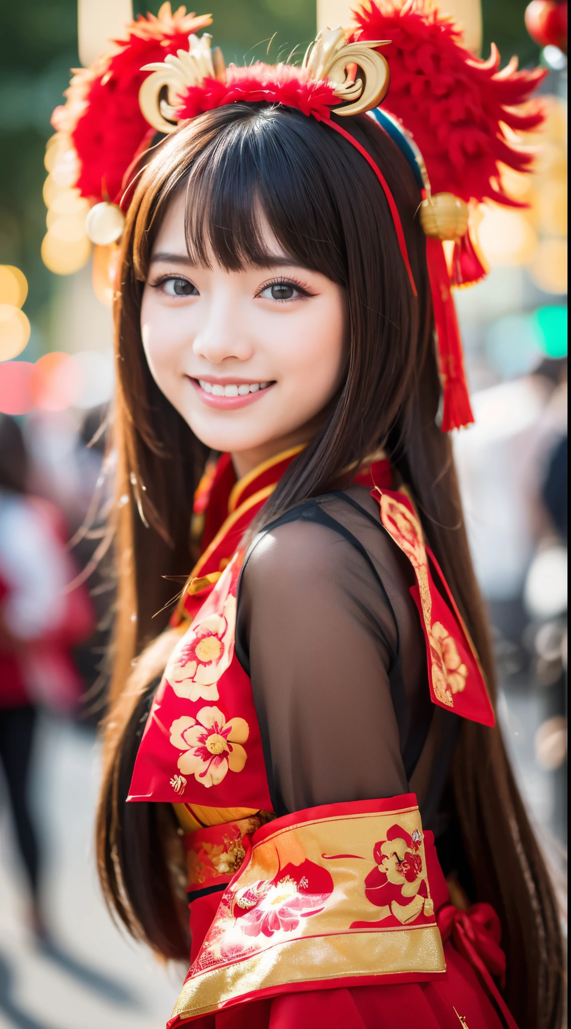 Chinese New Year costume, Portrait girl beautiful Bokeh Pelzval. 8K HDR, Photography. Smile cute