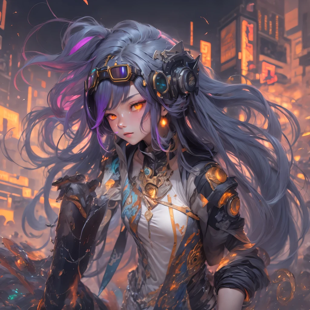 2679 Cyberpunk Year(masterpiece,HD,超HD,32k lotus root starch)Bright purple flowing hair,autumn pond, lotus root starch color, Asian (Michiko), (silk scarf), fighting stance, looking at the ground, Orange gradient long hair, ((Thick frame reflective jade windproof goggles))Floating bright purple, Fire cloud gold headdress, Chinese long-sleeved gold silk garment, (Abstract ink splash:1.2),mars background,lotus(realistically:1.4),bright purple hair,Smoke on the road,The background is very ivory、pure, high resolution, Detailed wind protection goggles, RAW photos lotus root starch, Sharp Re, Nikon D850 film photo by Jefferies Lee 4 Kodak Portra 400 camera F1.6 guns, rich and colorful, Super real、Vivid textures, dramatic lighting, Unreal Engine Art Station Trend, Silicon Nest 800,