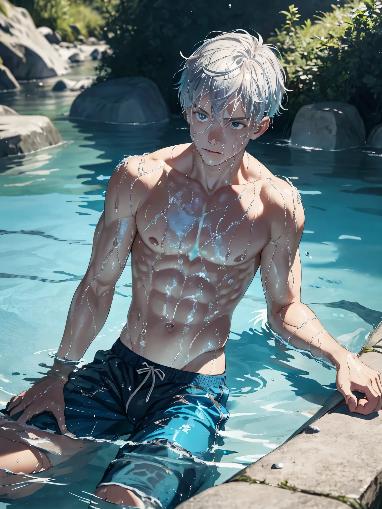 1 boy, Silver hair and blue eyes, male focus, Pouting, shirtless, Swimming pants, barefoot, (arm support: 1.1), (Partially submerged: 1.1), sitting, (wet: 1.4), cowboy shooting, look up, looking at the audience, from above, from the front, water, playing in the river, river, forest, Sunlight, summer