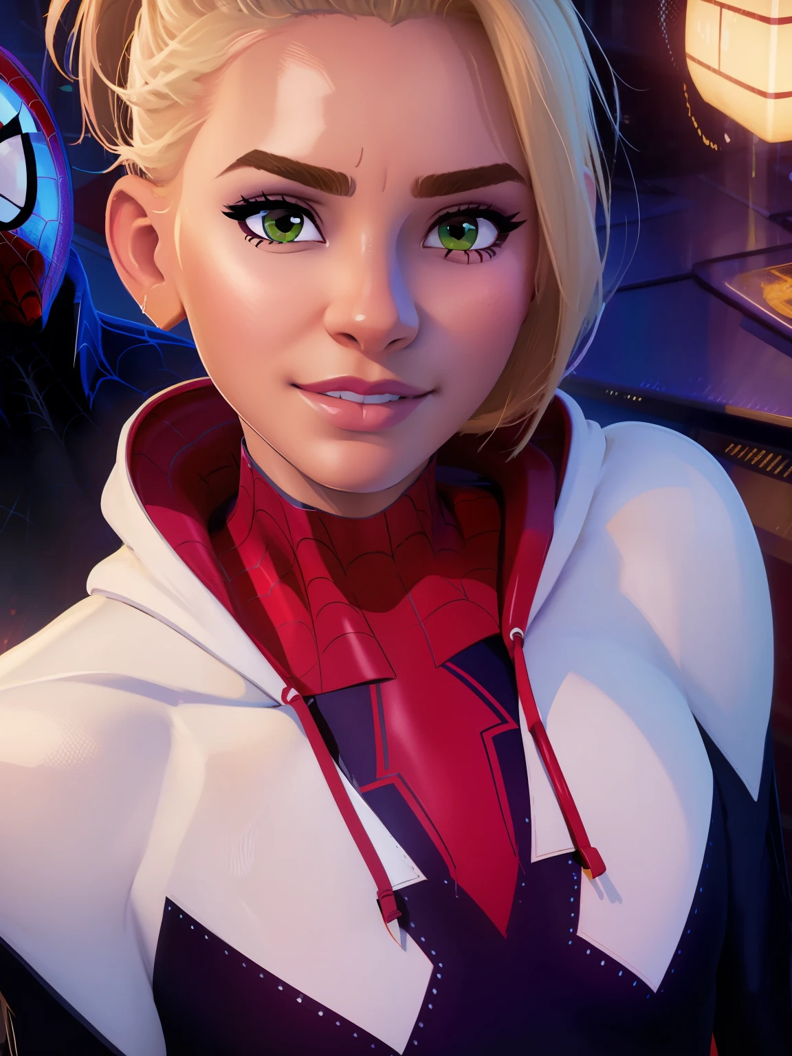 (masterpiece), ((best quality)), close-up uper body, light_smile, cinematic lighting, ultra-realistic, ((realistic)), (gwen_stacy), blonde_hair, short_hair, green eyes, solo, sidecut, asymmetrical_hair, parted_lips, eyebrow_piercing, (detailed face), beautiful 1girl, 1girl, looking at viewer, (beautiful detailed eyes), bodysuit, spider-suit, white hoodie, hood_down, portrait, upper_body, (side of head shaved), (small breasts)