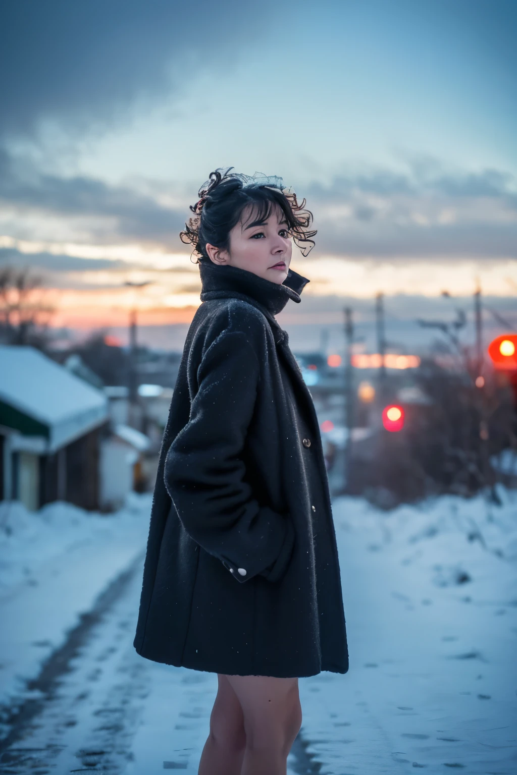 An icy wind howled through the frigid air, sending shivers down Sandra's spine as she clutching her thin jacket tightly around her. Her breath formed white puffs in the bitter cold, her nude legs goosebumping as she trudged forward. "Fuck fuck fuck," she muttered to herself, her mind focused on the distant silhouette of the supermarket in the frosty distance. Despite the discomfort, she couldn't help but feel a sense of urgency, her pulse quickening with every step as the icy wind relentlessly blew against her exposed skin. Her short, curly hair whipped wildly around her face, and she dug her heels in,