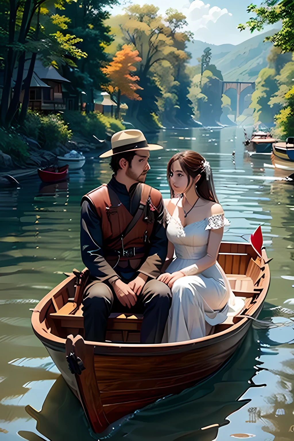 The couple In a boat...boat is on the middle of the river.. beautiful place.. highly detailed photorealistic...