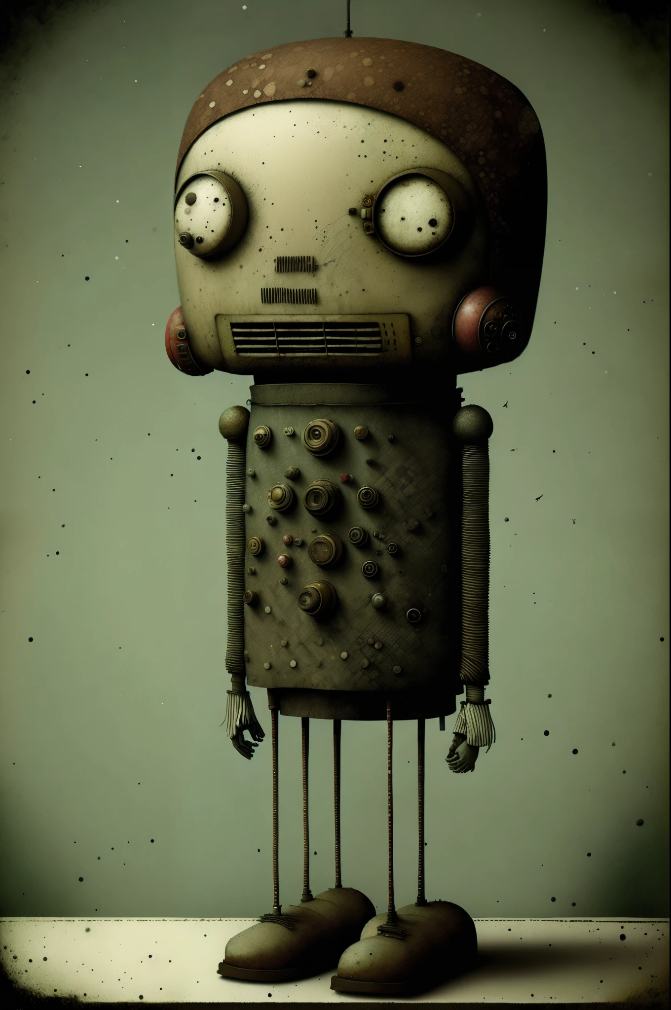 retro bipedal robot, earth color, punk, Happy, Optimistic, don hertzfeldt, Hieronymus Bosch, Gabriel Pacheco、cute、Charm that makes people like you