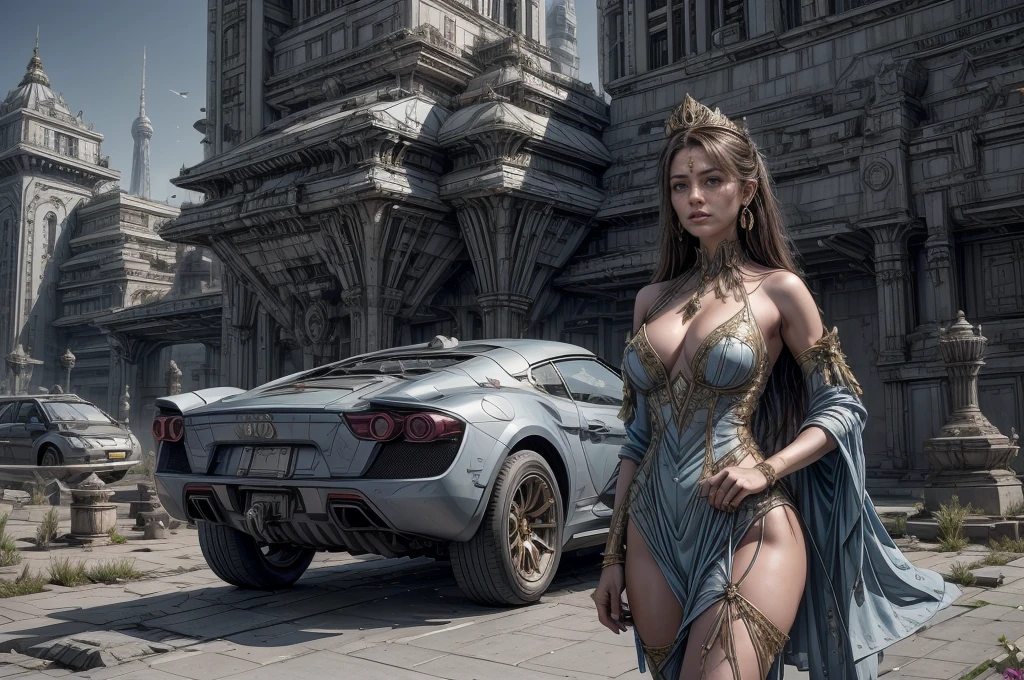 Incredible fantasy city, mega skyscrapers, flying cars, space elevator towers, Super Detail, trees, flowers, Many different buildings, spaceships in the sky, Ultra detail, many elements, blue and gold, yellow numbers on the towers, Character incredibly beautiful girl, posing in front of a car, full length, stands on the balcony, leash around the neck, , submission, disturbance, fabulous car, aggressive car shape, expensive convertible., Incredibly beautiful face, very detailed face, Detailed eyes, detailed hair, Expensive earrings, nipple piercing, diamonds, Emeralds, Rubies, turquoise, correct anatomy, red lace dress, Thin body, Super Detail тела, many small details of the dress, Incredible fantasy city, mega skyscrapers, flying cars, space elevator towers, Super Detail, trees, flowers, Many different buildings, spaceships in the sky, Ultra detail, many elements, blue and gold, yellow numbers on buildings, straight and smooth lines, Street, evening, A lot of cars, sharp lines, contrast, City River, water fall, trees по берегу, fault in the earth's square, deep crevice, You can't see the ground, Very high, helicopter landing pads, interceptor hangars, золотой автомобить, неоновая подсветка днища, цветы, много цветов яркого красного цвета, ретро автомобиль, винтажный автомобиль 1939 года