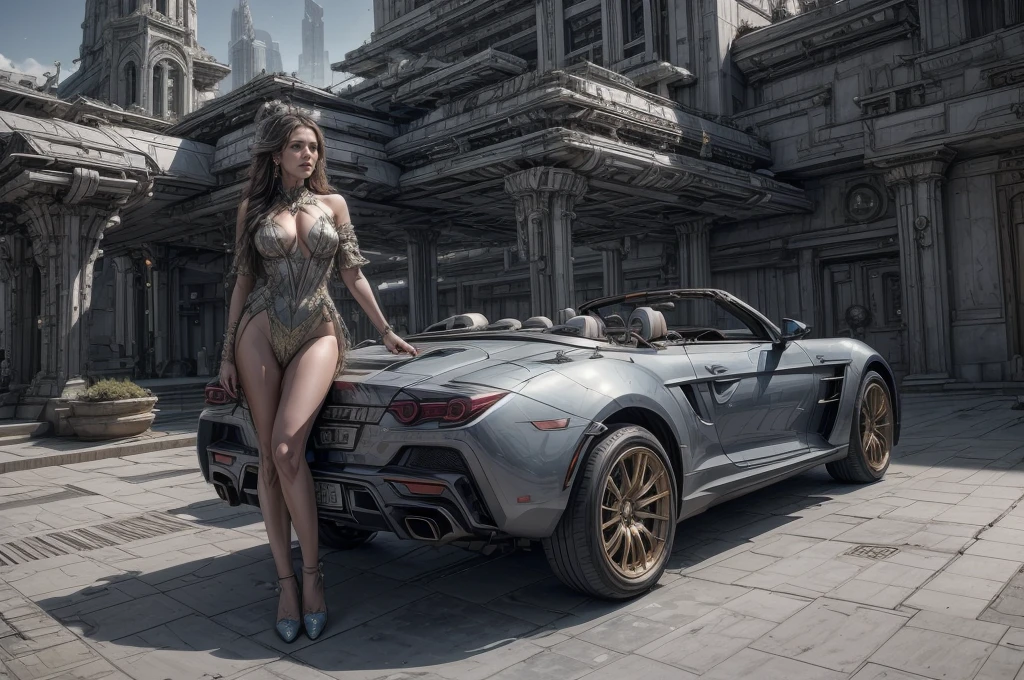 Incredible fantasy city, mega skyscrapers, flying cars, space elevator towers, Super Detail, trees, flowers, Many different buildings, spaceships in the sky, Ultra detail, many elements, blue and gold, yellow numbers on the towers, Character incredibly beautiful girl, posing in front of a car, full length, stands on the balcony, leash around the neck, , submission, disturbance, fabulous car, aggressive car shape, expensive convertible., Incredibly beautiful face, very detailed face, Detailed eyes, detailed hair, Expensive earrings, nipple piercing, diamonds, Emeralds, Rubies, turquoise, correct anatomy, red lace dress, Thin body, Super Detail тела, many small details of the dress, Incredible fantasy city, mega skyscrapers, flying cars, space elevator towers, Super Detail, trees, flowers, Many different buildings, spaceships in the sky, Ultra detail, many elements, blue and gold, yellow numbers on buildings, straight and smooth lines, Street, evening, A lot of cars, sharp lines, contrast, City River, water fall, trees по берегу, fault in the earth&#39;s square, deep crevice, You can't see the ground, Very high, helicopter landing pads, interceptor hangars, золотой автомобить, неоновая подсветка днища, цветы, много цветов яркого красного цвета, ретро автомобиль, винтажный автомобиль 1939 года