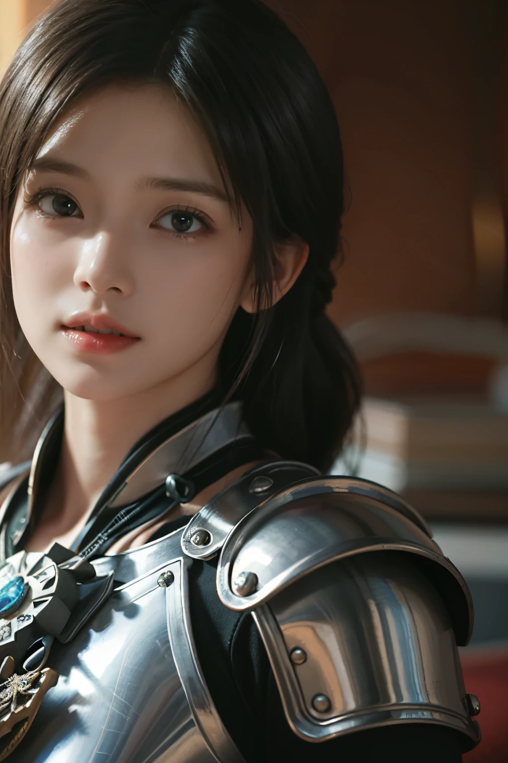 Game art，The best picture quality，Highest resolution，8K，(A bust photograph)，(Portrait)，(Head close-up)，(Rule of thirds)，Unreal Engine 5 rendering works， (The Girl of the Future)，(Female Warrior)， 
20岁少女，An eye rich in detail，(Big breasts)，优雅高贵，冷漠，勇敢的，
（Medieval knight armor combined with magical elements，A complex pattern of magic，A dress characteristic rich in detail，Jewelry），Medieval Lady Knight，
拍照姿势，简单背景，Movie lights，Ray tracing，Game CG，((3D Unreal Engine))，oc渲染反射纹