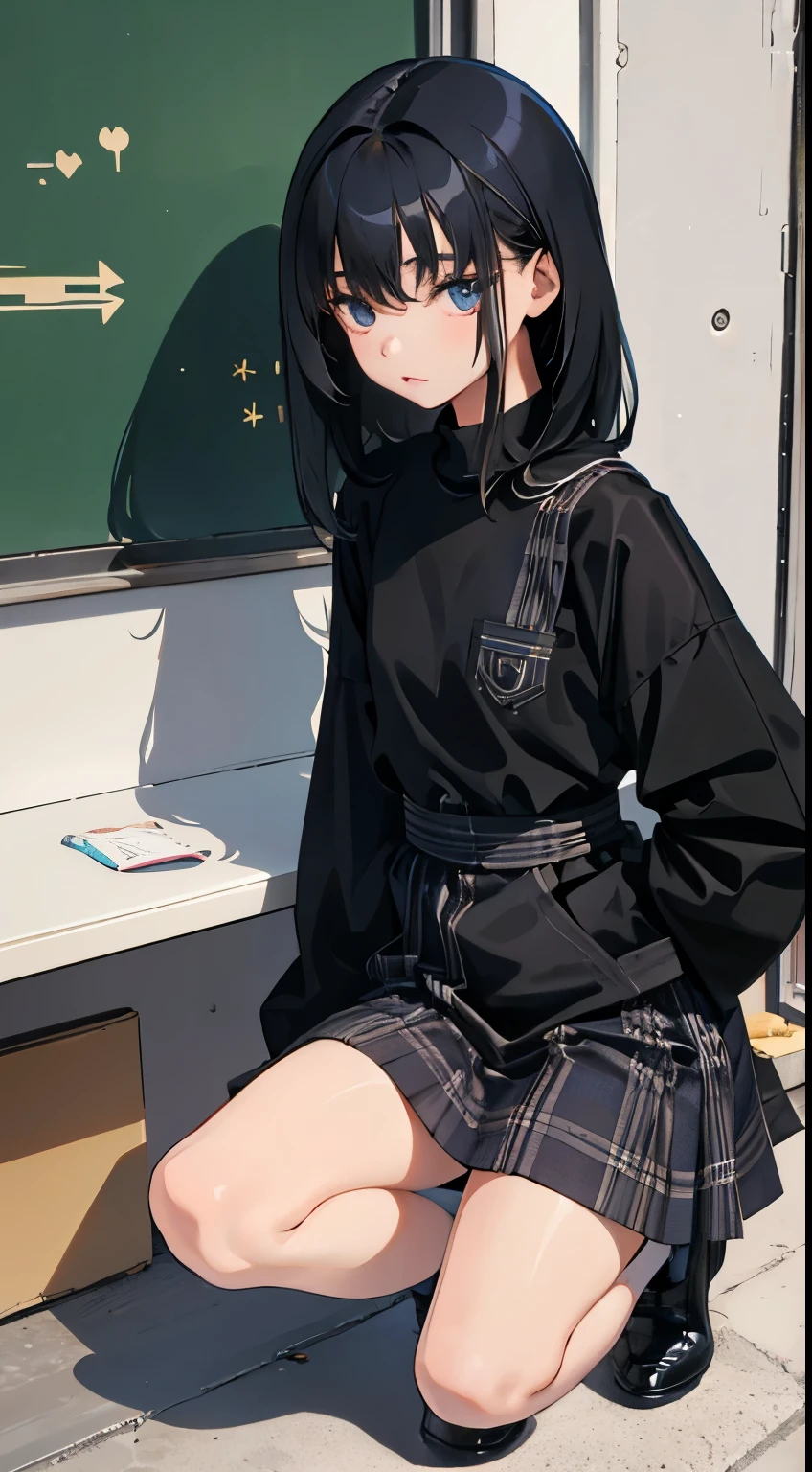 masterpiece, Best quality, Hi-Res, 1girl, Solo, Jewelry, Skirt, Sweater, Necklace, Black skirt, Black hair, Short hair, Ribbed sweater, Socks, Turtleneck sweater, Turtleneck, White socks, Blue eyes, Long sleeve, Pleated skirt, Ribbon, Chest, Bow, Hair ribbon, Hair band, Hair bow, Bangs,, Makeback, Cowboy shot, From behind, stick out acquaintance:1.2,string panties,