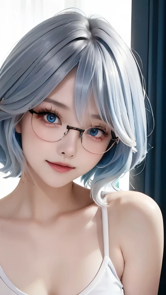 1 girl，white offshoulder shirt、Wearing a pink headband，Close-up of a woman, guweiz style artwork, IG model | artistic germ, extremely detailed artistic germ, surreal anime, Soft portrait shots 8K, artistic germ. anime illustration, Bowater&#39;s art style, Blue-haired princess, 8k artistic germ bokeh，blue hair，semi long hair，blue eyes，Beautiful glasses，wear glasses（focus），huge ，bright smile