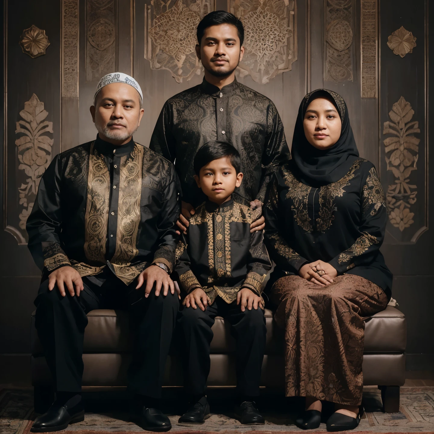 berlatar belakang ruangan tamu rumah mewah, bernuansa gelap,4 orang anggota keluarga muslim Indonesia, ayah 48 tahun, berwajah bersih,badan agak chubby, ibu 43 tahun, berhijab, anak laki laki berumur 12 tahun , rambut pendek,laki laki berumur 19 tahun, rambut pendek rapi, dengan memakai pakaian batik muslim berwarna putih yang sama, sambil duduk menghadap ke depan,pose mesra, realistis nyata,foto asli, pencahayaan pas dan terang