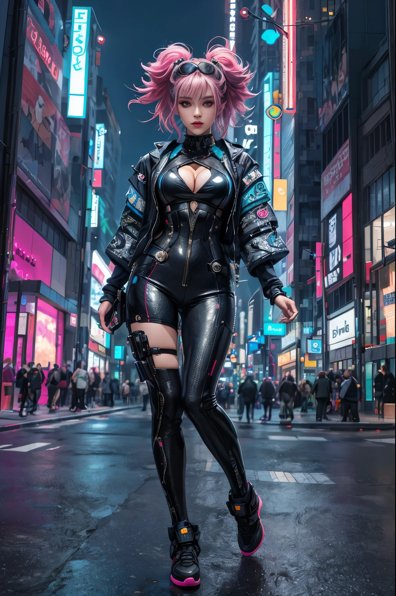 8k，masterpiece, best quality, Confident cyberpunk girl, full-body shot, Harajuku-style fashionable clothing, Bold colors and patterns, eye-catching accessories, Stylish and innovative hairstyle, Vibrant makeup, Cyberpunk’s dizzying cityscapes, skyscraper, neon lights, LED lights, Bright and vivid color scheme, anime , illustration, Detailed skin texture, Detailed fabric texture, Beautiful and delicate face, intricate details, Super detailed.