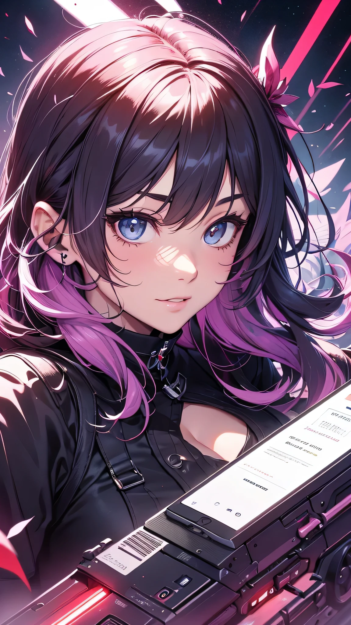 最high quality、best image quality、masterpiece、age girl((18-year-old、 By becoming、vest bust、medium bust,wide open breast tea、black eye, Glistening hair、Habitual hair、thin,highest valley、Have a smartphone、smug face、Holding a penlight、punk fashion、look back at the whole body)),high quality、beautiful art、background((Large PV studio、Red laser、mechanical))debris flies、Depth of written boundary、movie、visual art、perfect art、8K,genuine
