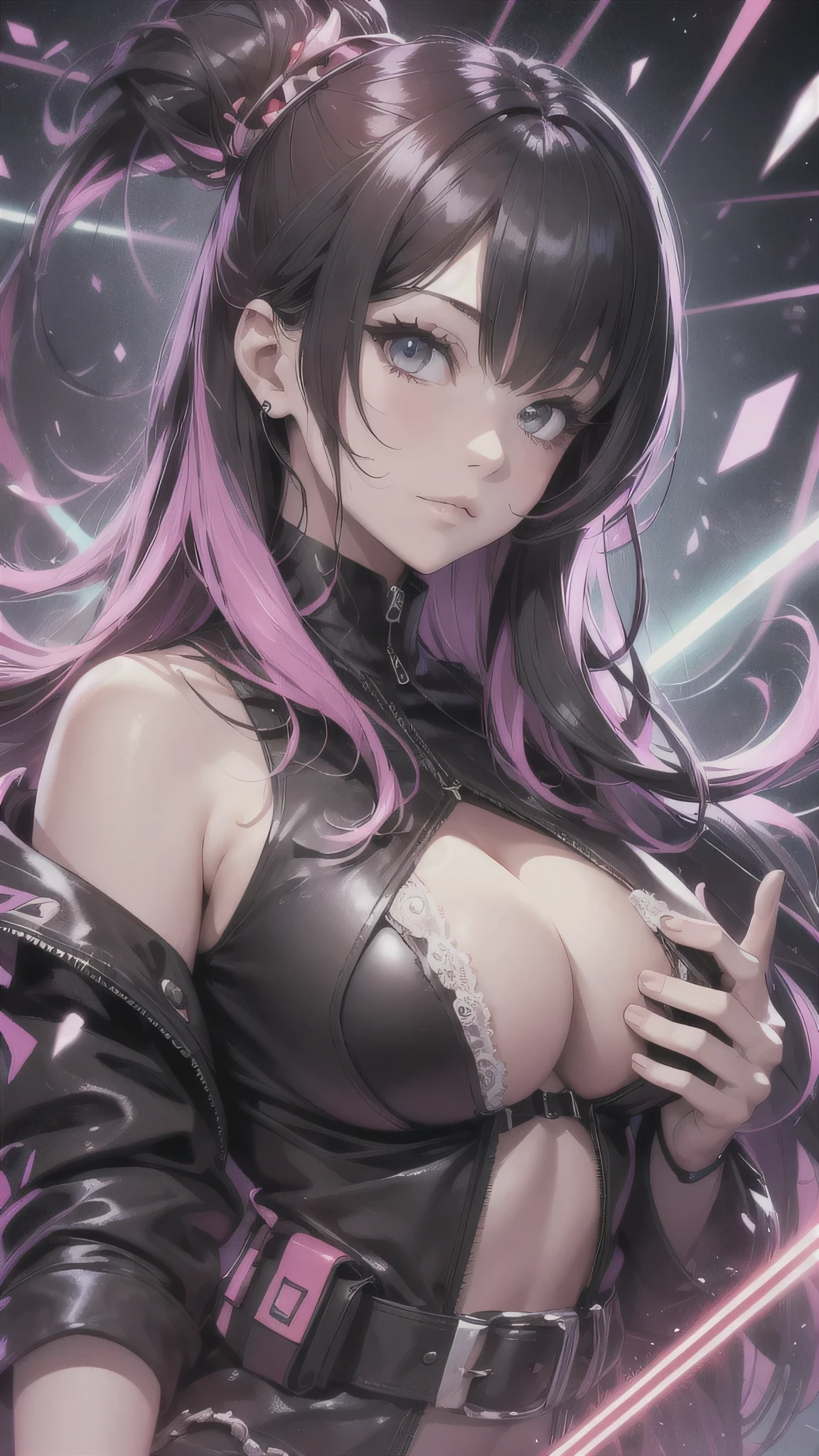 最high quality、best image quality、masterpiece、age girl((18-year-old、 By becoming、vest bust、medium bust,wide open breast tea、black eye, Glistening hair、Habitual hair、thin,highest valley、Have a smartphone、smug face、Holding a penlight、punk fashion、look back at the whole body)),high quality、beautiful art、background((Large PV studio、Red laser、mechanical))debris flies、Depth of written boundary、movie、visual art、perfect art、8K,genuine