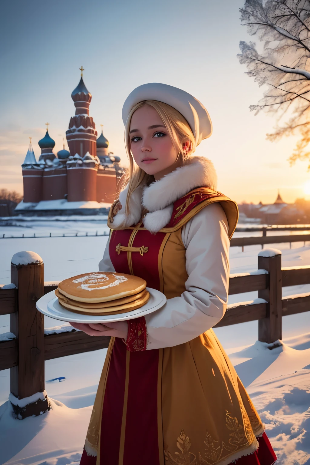 A blonde girl in a Russian national costume and a kokoshnik holds a plate of pancakes in her hands against the backdrop of the Novgorod Kremlin, winter, 4k, snow, Ultra-Quality