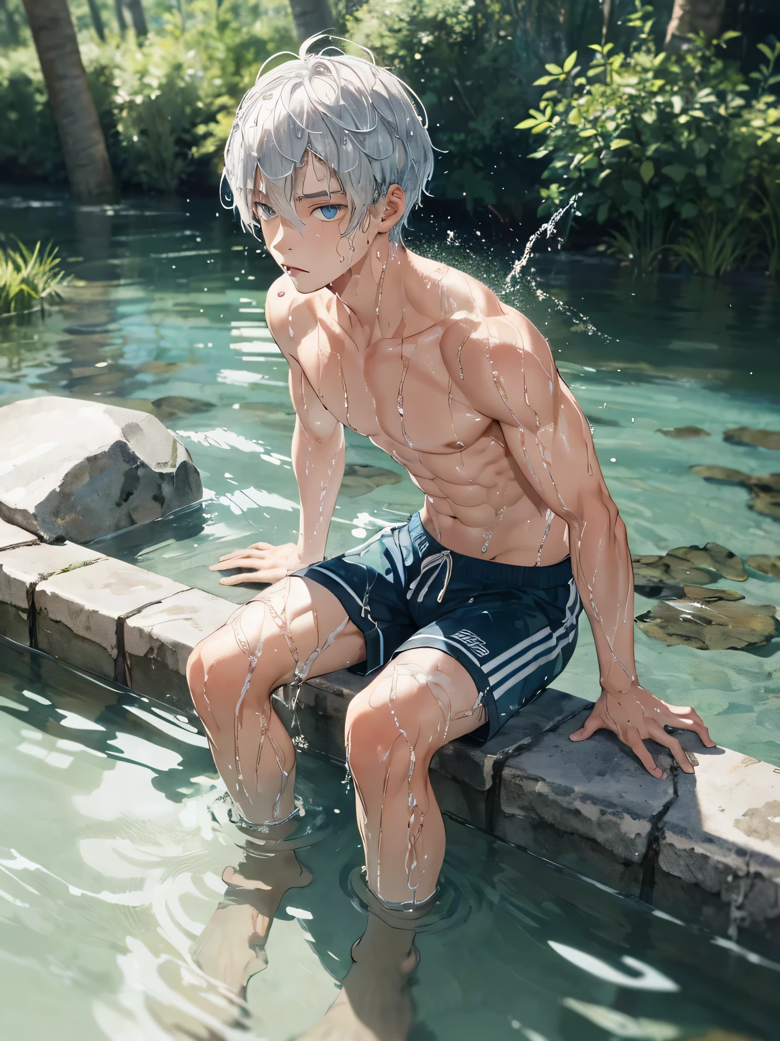 1 boy, Silver hair and blue eyes, male focus, Pouting, shirtless, white shorts, barefoot, (arm support: 1.1), (Partially submerged: 1.1), sitting, (wet: 1.4), cowboy shooting, look up, looking at the audience, from above, from the front, water, playing in the river, river, forest, Sunlight, summer
