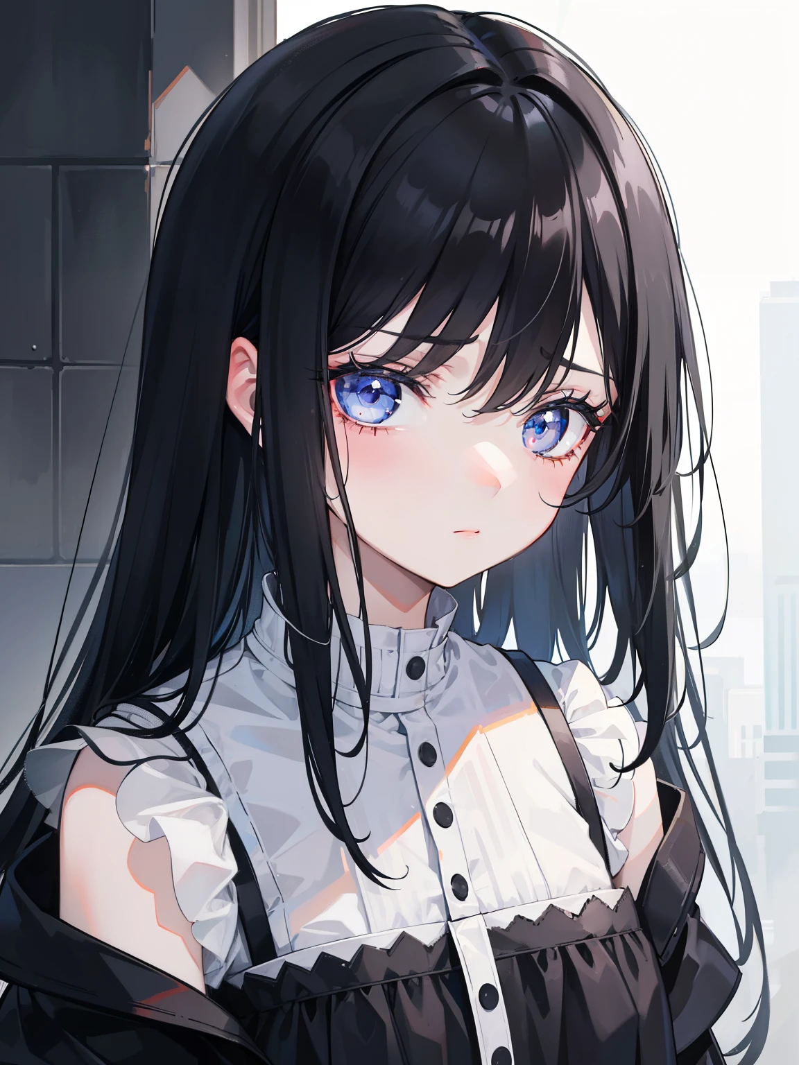 1 girl, Black hair, black , sadness, sadnessное лицо, эмоция sadness, sadness