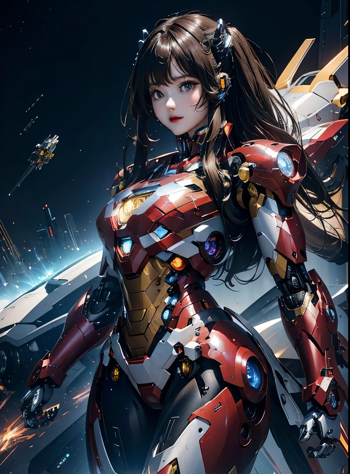 Super detailed, advanced details, high quality, 最high quality, High resolution, 1080P, hard disk, beautiful,(Iron Girl),beautifulサイボーグの女性,Mecha cyborg girl,battle mode,Mecha body girl,She wears an Iron Man mech,full body shot