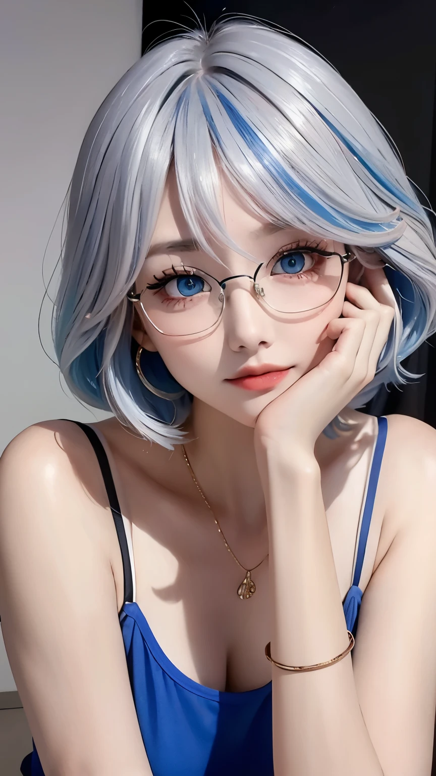 ((Idle level girl)), ​Masterpiece, highest image quality, Super detailed, (Perfect body:1.3), (perfect face+Glasses+messy hair+Blue hair with gray bob hair), closure, viewer&#39;s perspective, she bent down，Catching the audience&#39;s attention。Detailed hair,bright smile、Delicate blue eyes(lifelike eyes),professional lighting,huge 