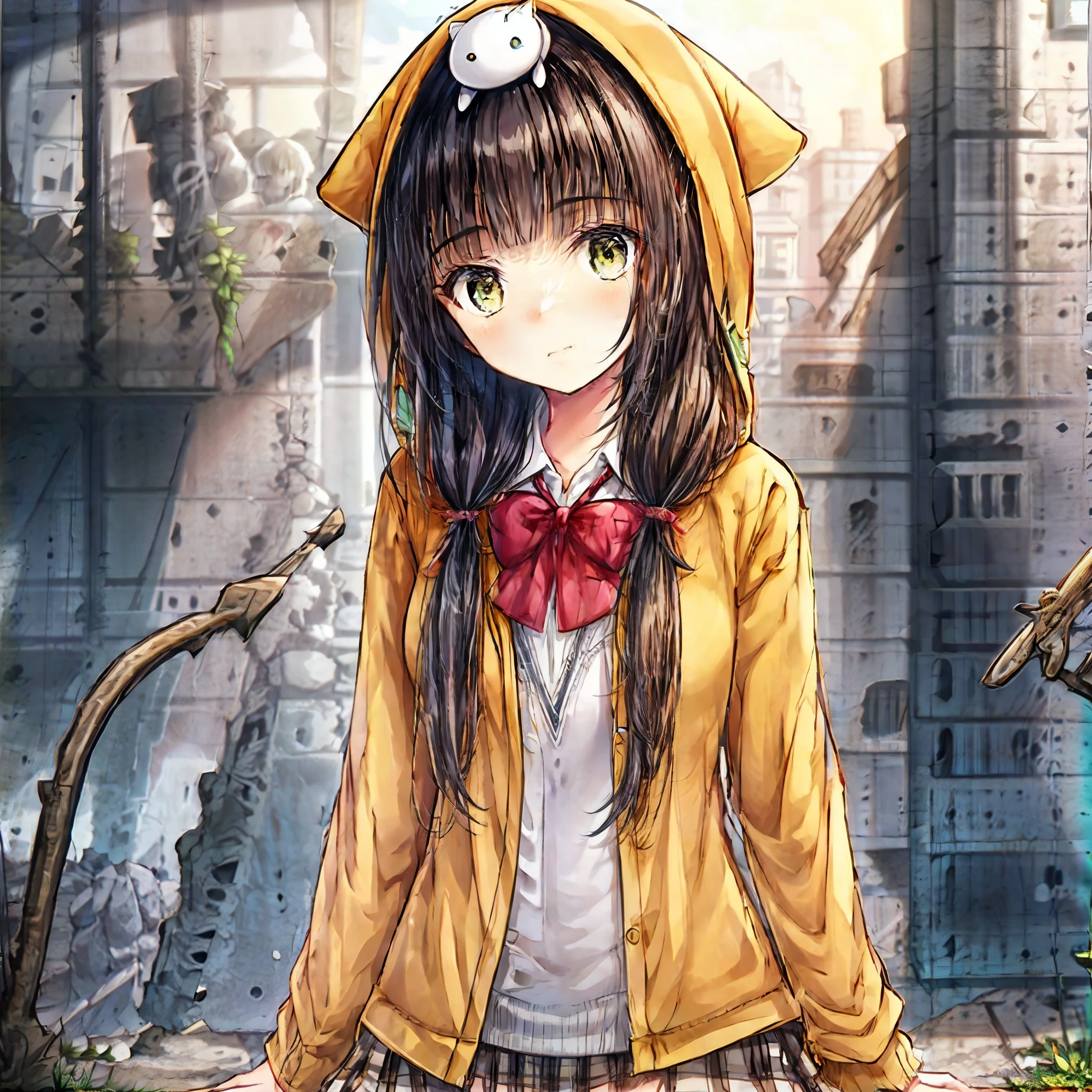 Concept art of a post-apocalyptic world with ruins, overgrown plants, flat chest，((the only girl who survived))，The content is very detailed,Detail view，anime，master piece，dilapidated building right sun，Dilapidated classrooms，Shabby table，Broken chair，open air，(covered with moss and grass)，3、Four&#39;afternoon clock，((Remains))，((A girl is sitting in the classroom and looking into the distance)),side，uniform，twisted braids，vanishing point, prospect, movie lighting，close-up shot shot