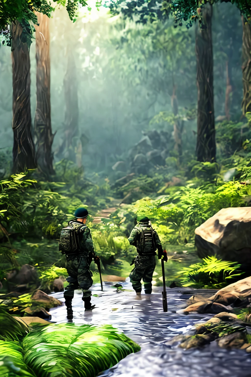 soldiers in camouflage uniforms, rifles in hand, focusing intently on their targets amidst the lush greenery of a forest, raindrops cascading down their faces and clothing, detailed forest environment with foliage and trees shrouded in mist, rainfall in high definition 4k, lifelike rendering in The King of Fighters XV style, splashes of mud and puddles, wet camouflage texture, intricate gun designs with rainwater beading on the metal.