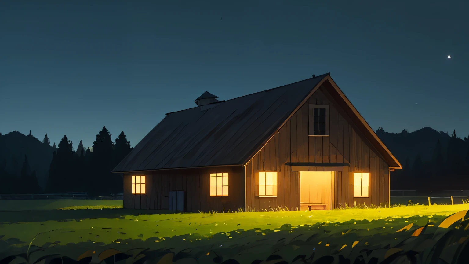 barn, in field, night, At night