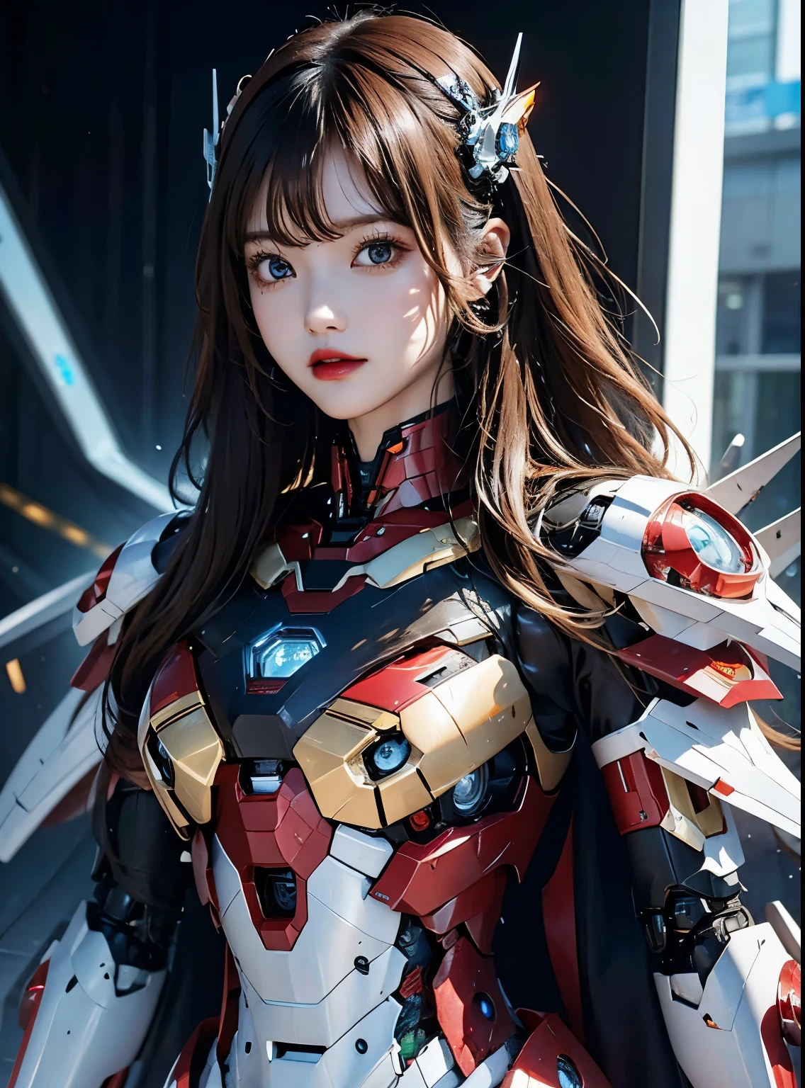 Super detailed, advanced details, high quality, 最high quality, High resolution, 1080P, hard disk, beautiful,(Iron Girl),beautifulサイボーグの女性,Mecha cyborg girl,battle mode,Mecha body girl,She wears an Iron Man mech,full body shot