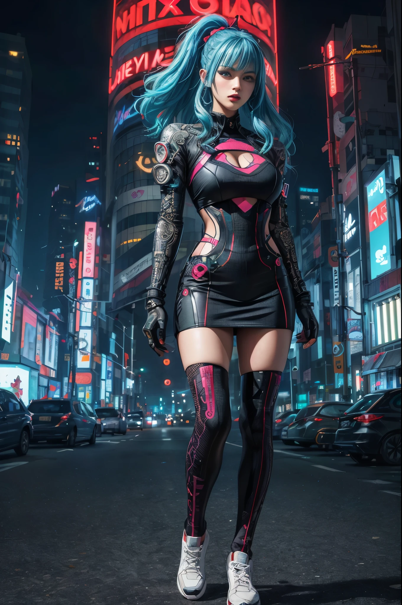 8k，masterpiece, best quality, Confident cyberpunk girl, full-body shot, Harajuku-style fashionable clothing, Bold colors and patterns, eye-catching accessories, Stylish and innovative hairstyle, Vibrant makeup, Cyberpunk’s dizzying cityscapes, skyscraper, neon lights, LED lights, Bright and vivid color scheme, anime big breasts, illustration, Detailed skin texture, Detailed fabric texture, Beautiful and delicate face, intricate details, Super detailed.