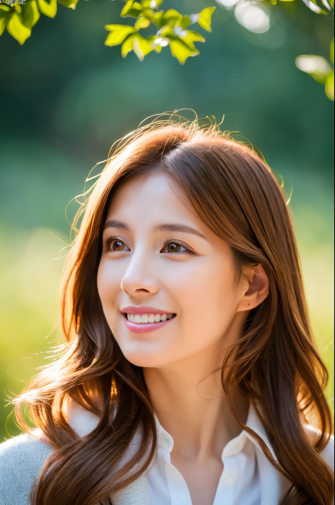 (Masterpiece:1.3), (8k, Photorealistic, RAW Photography, Best Quality: 1.4), soft light, professional lighting, 1girl, 30 years old, neat and clean beauty, closed mouth, smile, Brown Medium hair, outdoors
