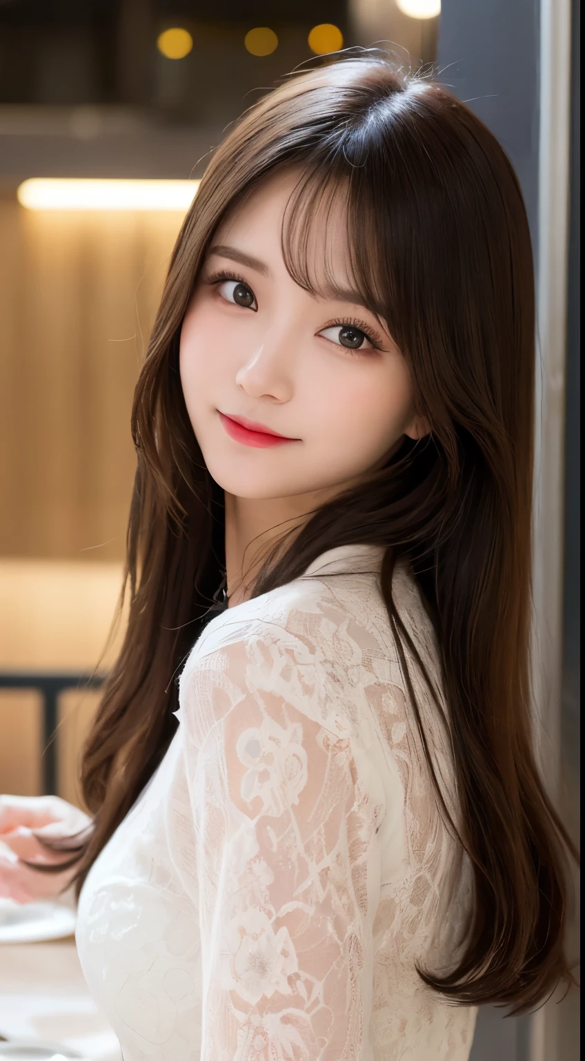 table top, highest quality, shape, Super detailed, finely, High resolution, 8k wallpaper, 完璧なダイナミックな構shape, beautiful and detailed eyes, classy and gorgeous winter dress,straight hair,,natural color lip,smile,20 year old girl、cute、Sexy looking at camera,Always blur the background,perfect and beautiful face,Take only the face,beautiful and detailed face、slim face and style、Big eyes、elegant face、beautiful and detailed face、KPOP idol face、japan idol face、Big eyes、Party venue on the top floor of a high-rise hotel、blur background、Take a full body photo