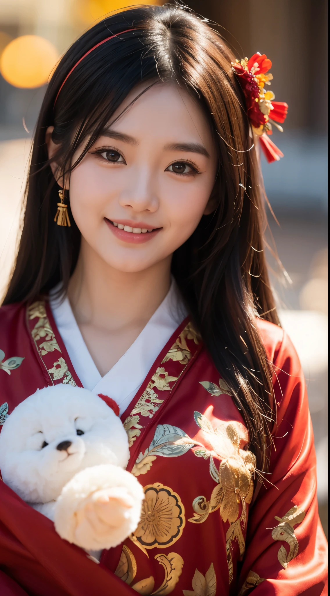 Chinese New Year costume, Portrait girl beautiful Bokeh Pelzval. 8K HDR, Photography. Smile cute.